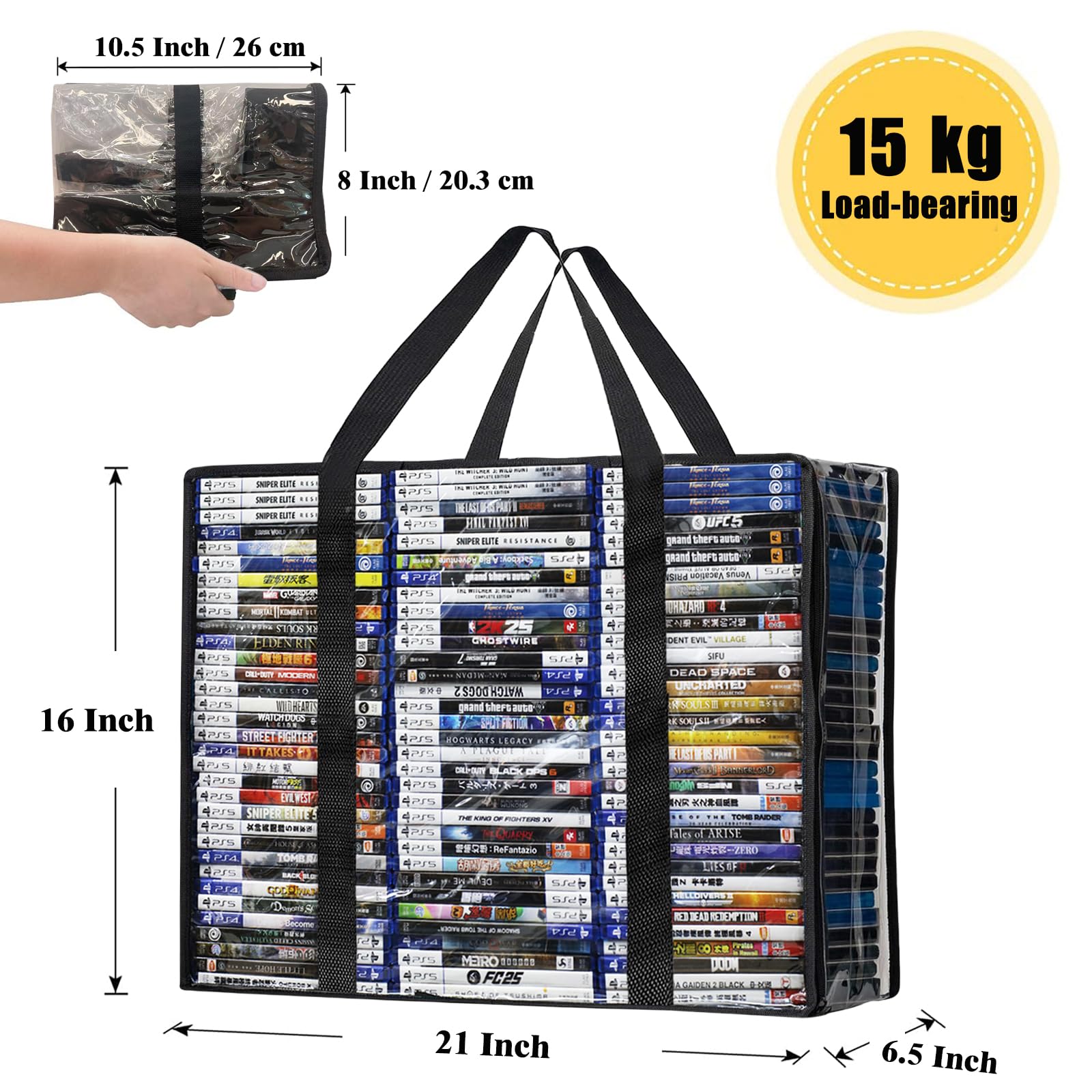 Sacchetti per DVD, confezione da 3 sacchetti trasparenti per 210 DVD o 270 custodie Blu-ray (70, 90 ciascuna), organizer in plastica ispessita con manici rinforzati per riporre supporti