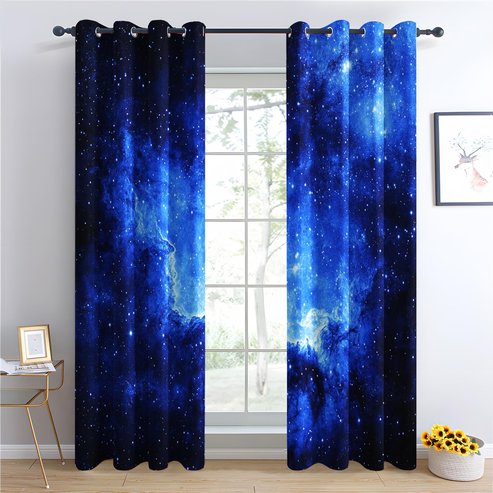 Rideau Occultant Galaxie - Décoration Galaxie, Rideau Thermique Motif Ciel Étoilé Bleu, Lot de 2 Rideaux Opaque à Oeillets pour Fenetre Chambre Salon, 140x240 cm (LxH) W#503
