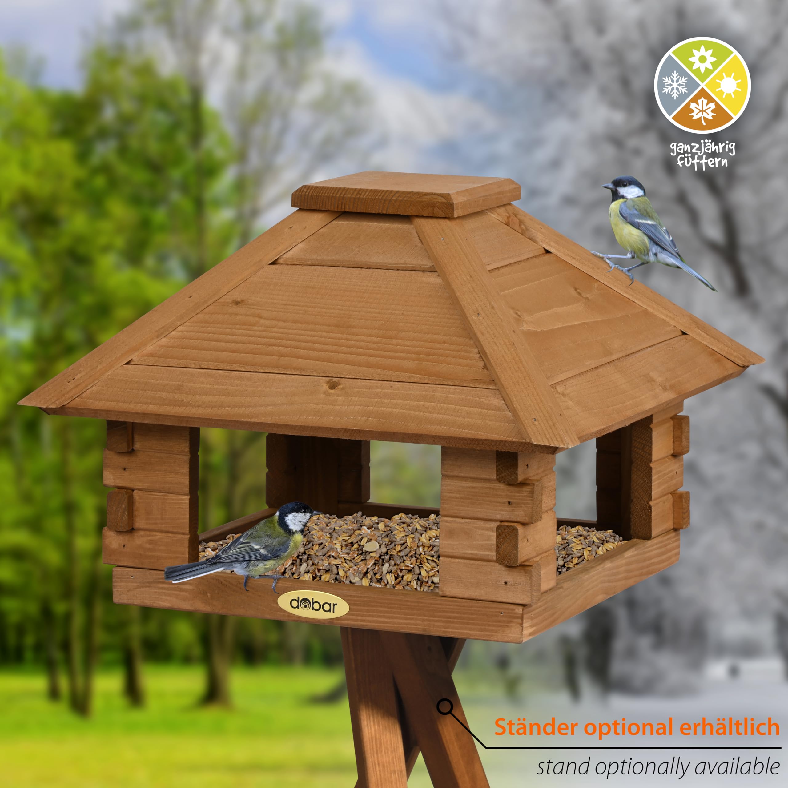 dobar® Vogelhaus Blockhaus 4-eckig mit Holzdach - Vogelfutterhaus aus Holz wetterfest lasiert - Futterstation für Wildvögel stehend für Ständer - Braun