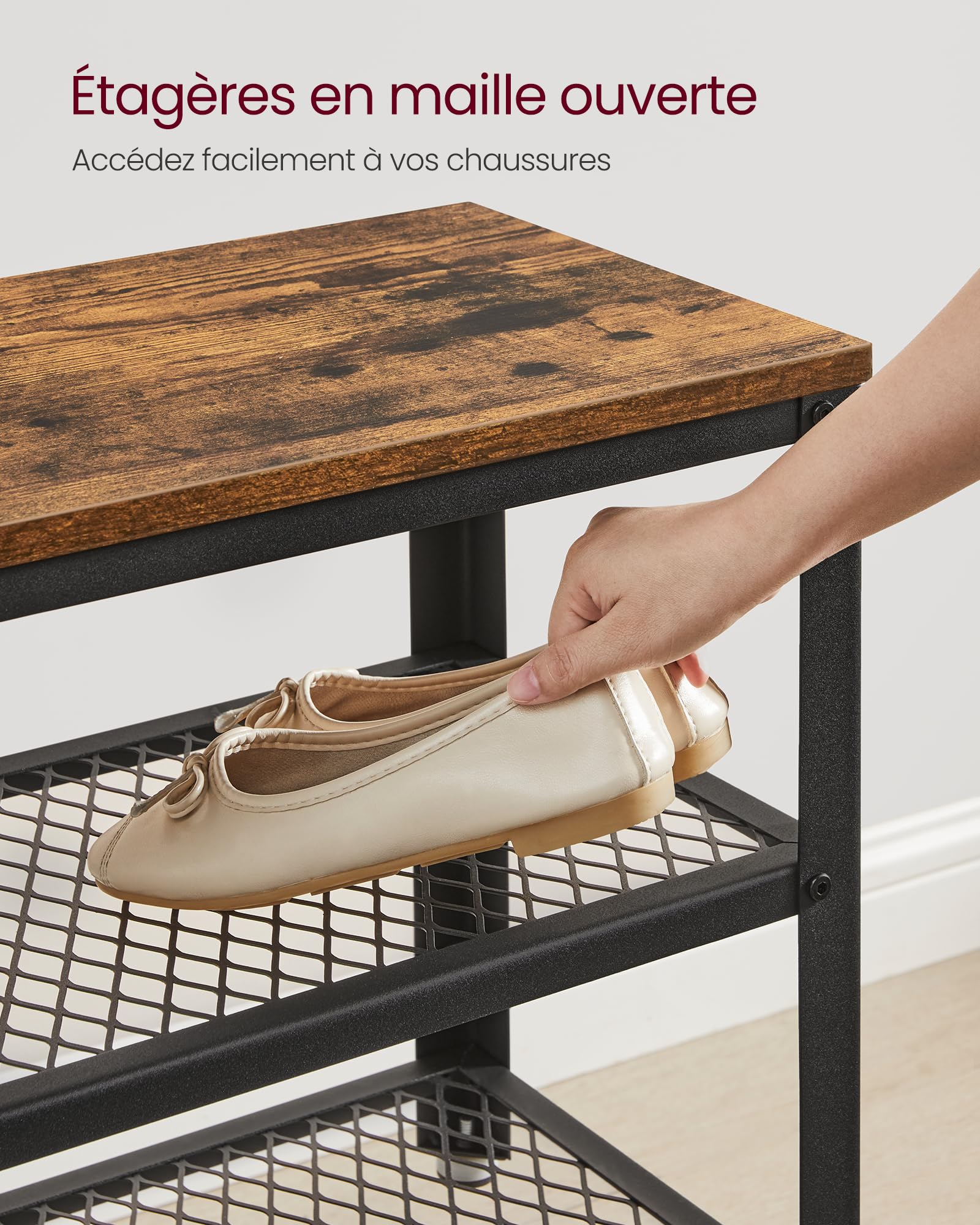 VASAGLE Banc à chaussures, Étagère de rangement à 2 niveaux, Organisateur, à chaussures, 73 x 30 x 45 cm, pour entrée, salon, cadre en acier, style industriel, Marron Rustique et Noir LBS73X