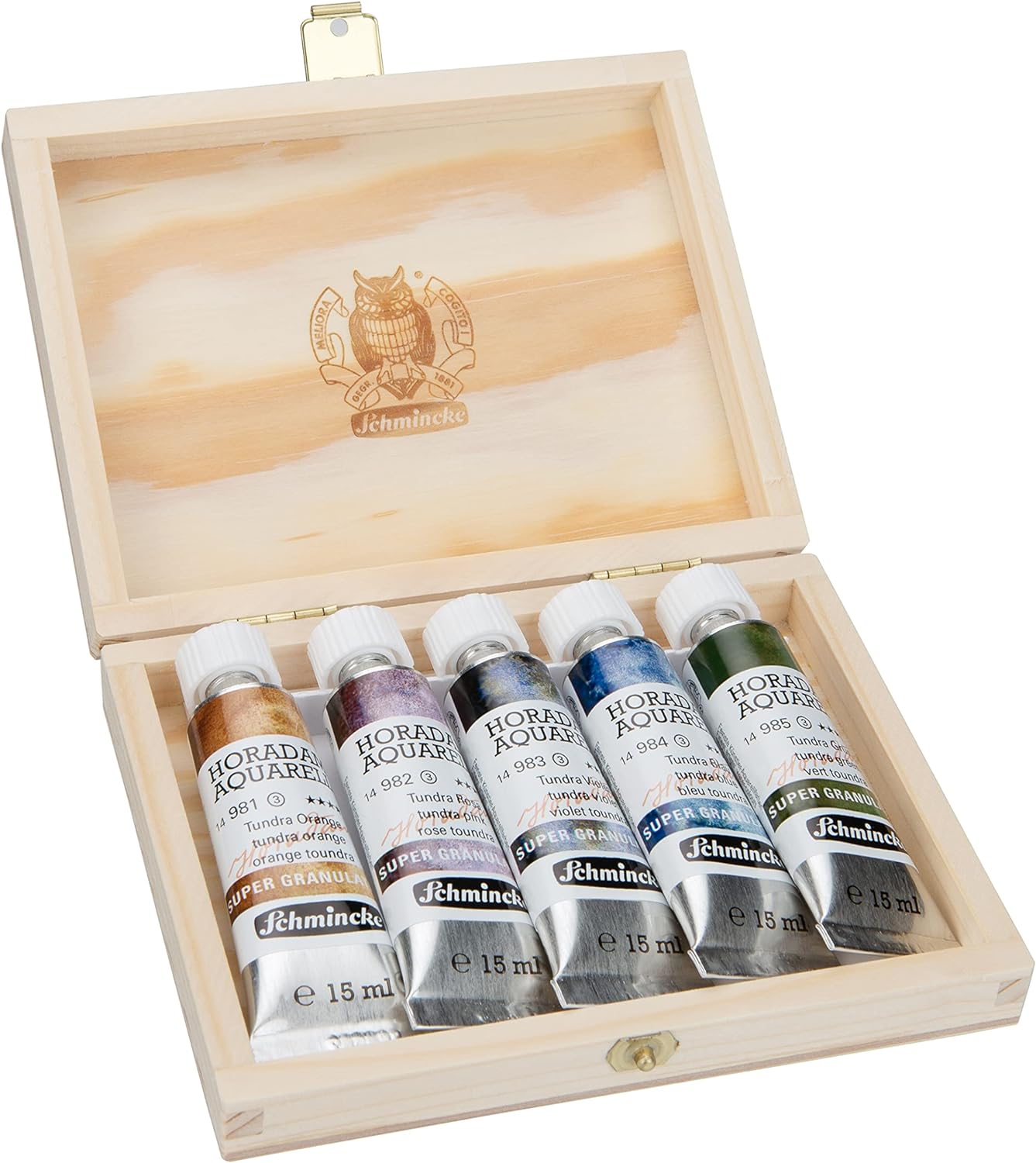 Schmincke - HORADAM® AQUARELL, Super-Granulation Set Tundra, 5 x 15 ml tubes, 74 850 097, wooden box, very strong granulating colors, finest, supergranulating watercolors