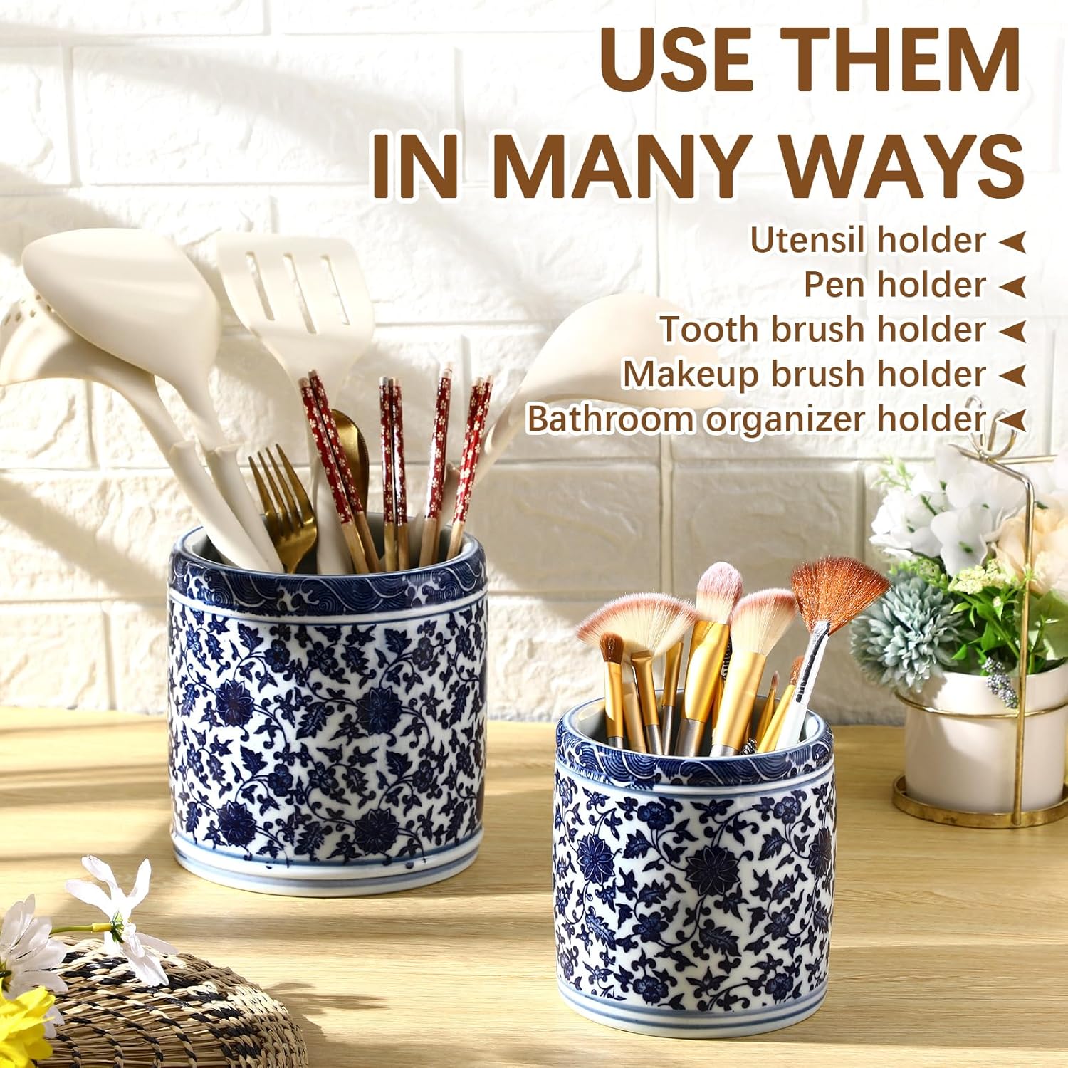 2 Pcs Blue and White Kitchen Utensil Holder 5"+6.1" Ceramic Kitchen Cooking Holder for Countertop Large Utensil Crock for Home Decor Parties Chinoiserie Blue