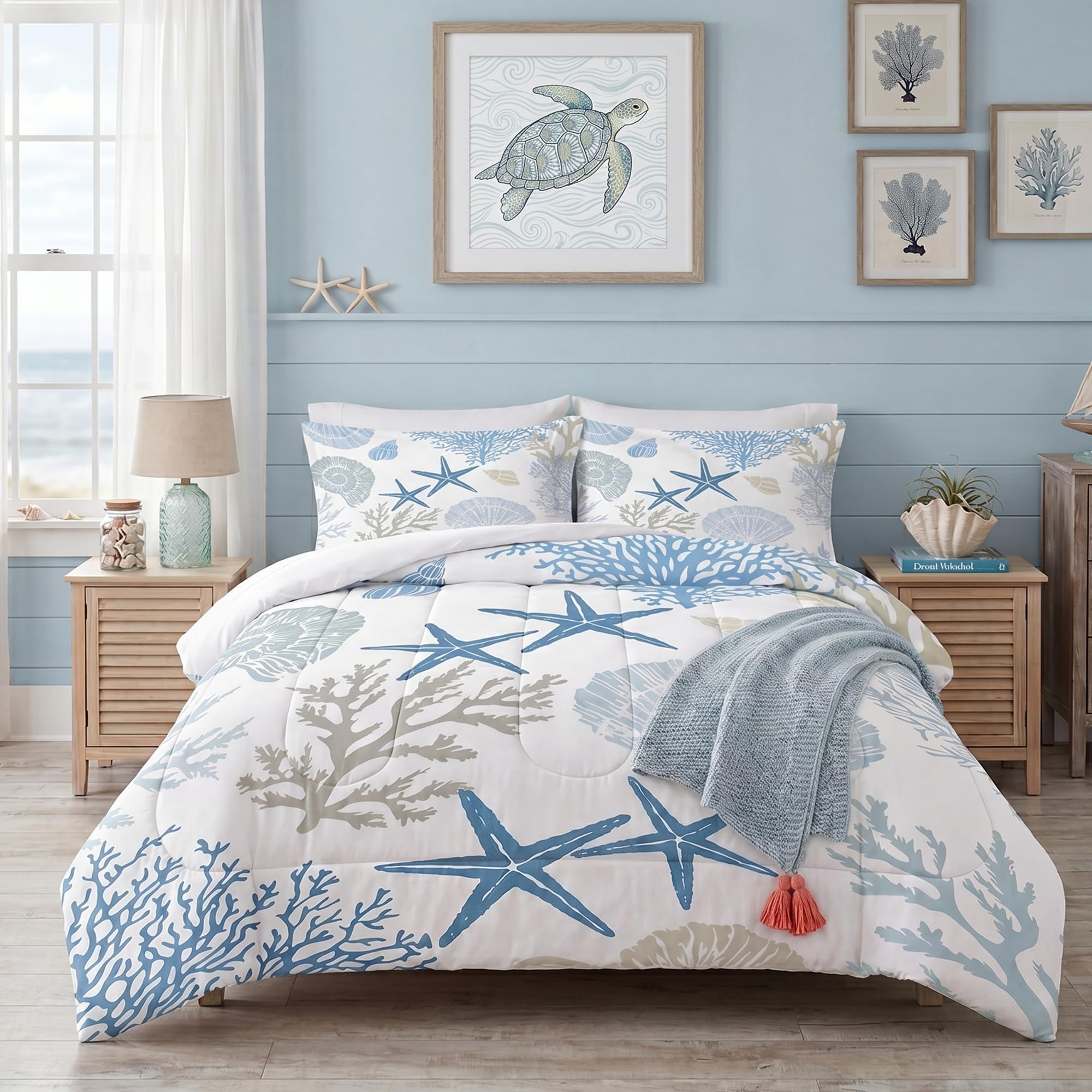 Photo 1 of FUYEUN Coastal Comforter Set Twin Size Nautical Bedding for Kids Men Women, Beach Starfish Shell Quilt Bedroom Decor 1 Comforter 1 Pillowcase