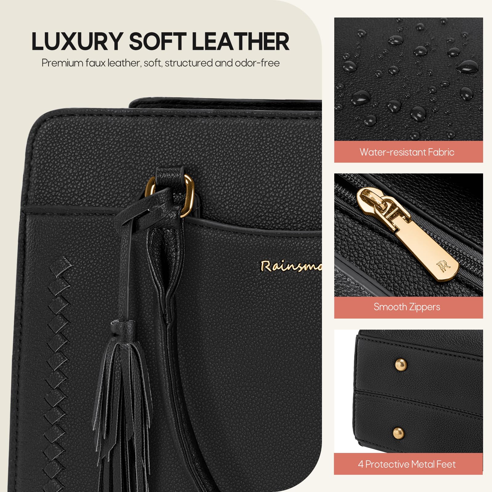 RAINSMORE Sac a Main Femme Moyen Elégant Sac Bandoulière Simili Cuir | Sac à Main Bandoulière Femme avec Multi Poche et Bandoulière Amovible pour Quotidien Travail Voyage Sac Universit