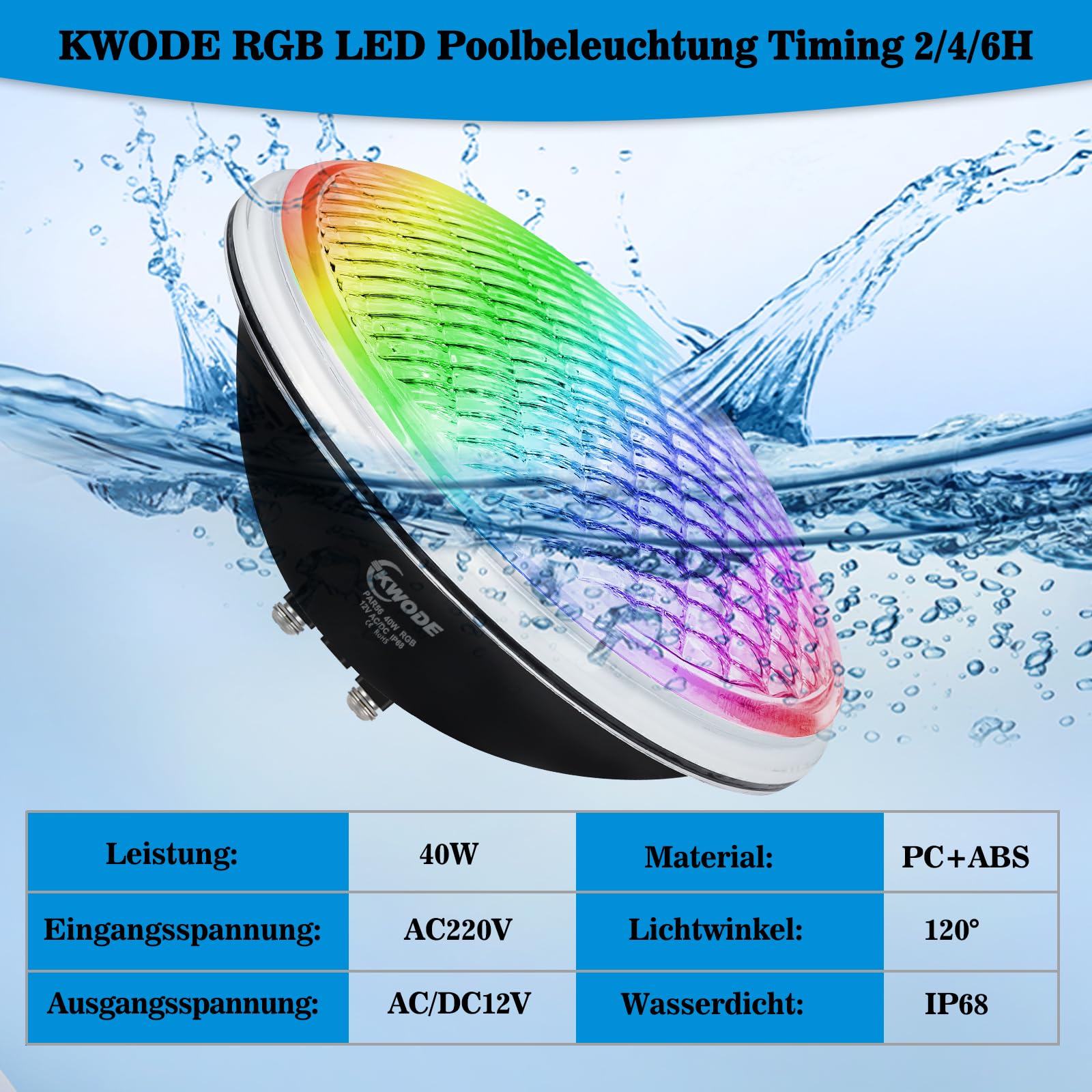 40W LED Poolbeleuchtung PAR56, RGB Poolscheinwerfer Timing 2/4/6H IP68 Wasserdichter Pool Lamp Unterwasser mit Fernbedienung, Unterwasserscheinwerfer 12V AC/DC