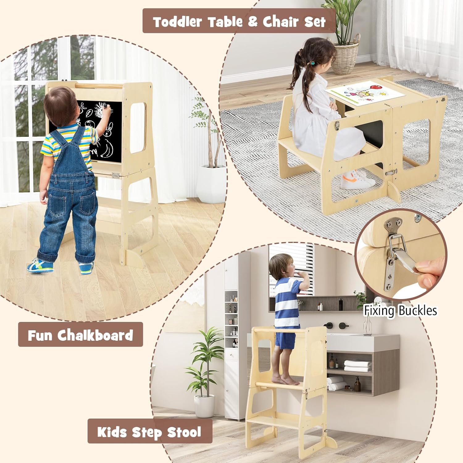HONEY JOY 7 in 1 Climbing Toys for Toddlers, Convertible Kids Step Stool/Table & Chair/Chalkboard, Folding Triangle Climber w/Ramp, Montessori Kitchen Stool Tower for Learning w/Safety Rail (Colorful)