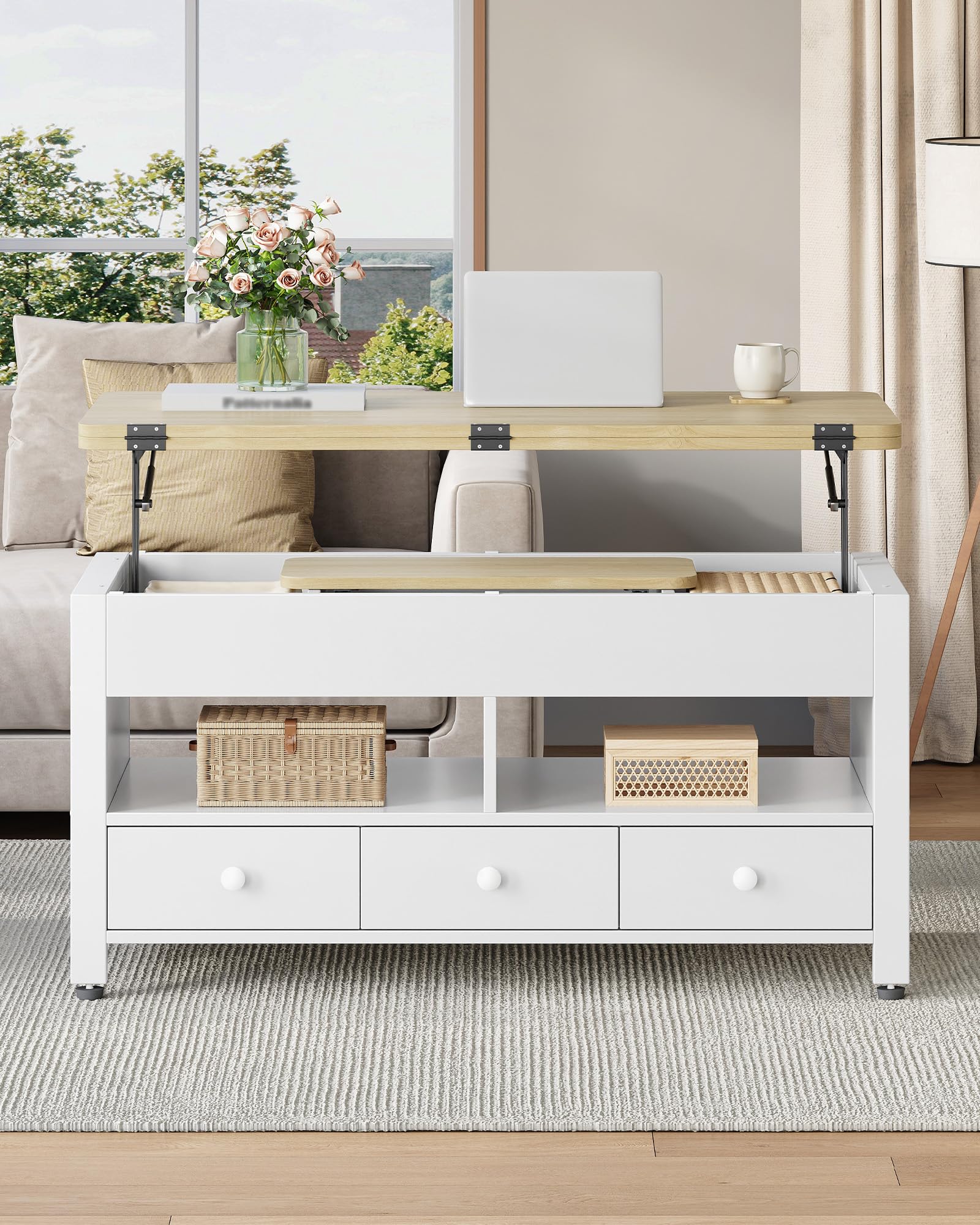 Hzuaneri Couchtisch, Höhenverstellbarer Wohnzimmertisch mit 3 Schubladen und 2 Fächer, 50 × 100 × 45 cm, Kaffeetisch Fach Umwandelbar in Esstisch, für Wohnzimmer, Homeoffice, Weiß-Eichefarben CT22231W