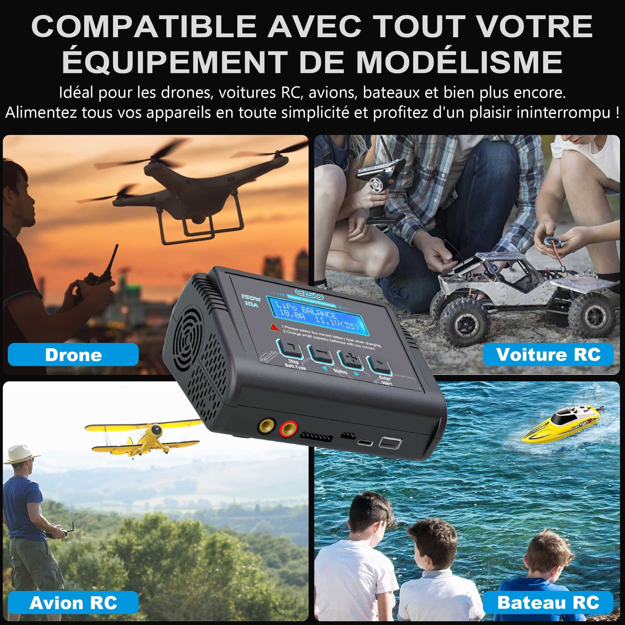 HTRC C150 Chargeur Lipo 150W 10A – Chargeur Batterie Lipo et Équilibreur pour LiHV/LiPo/Li-ION/Life (1-6S), NiMH/NiCd (1-15S), PB (2-20V) – Entrée AC/DC, Écran LCD, 20 Mémoires