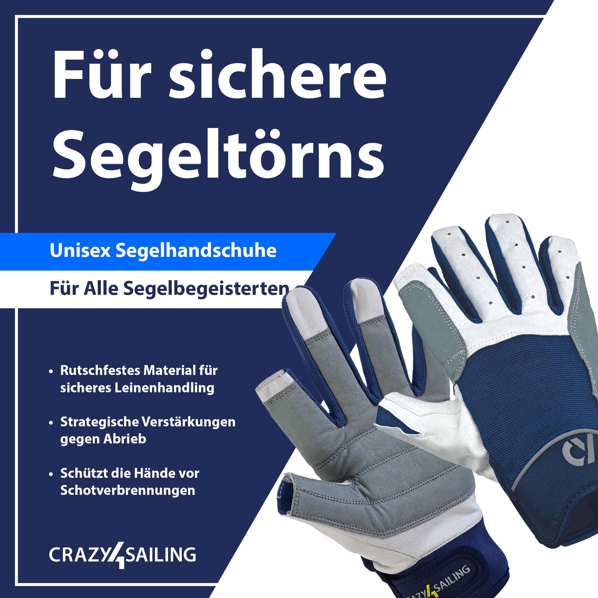 crazy4sailing Gants de Voile Cruising - 2 Doigts coupés, Taille:L, Couleur:Bleu Marine
