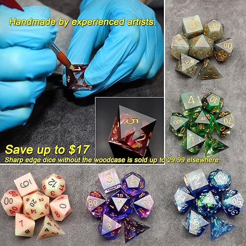 Miniatura 6 de Haxtec Juego de dados DND de borde afilado misterioso con estuche de dados de madera, regalos DND para ella, caja de dados de madera de doble