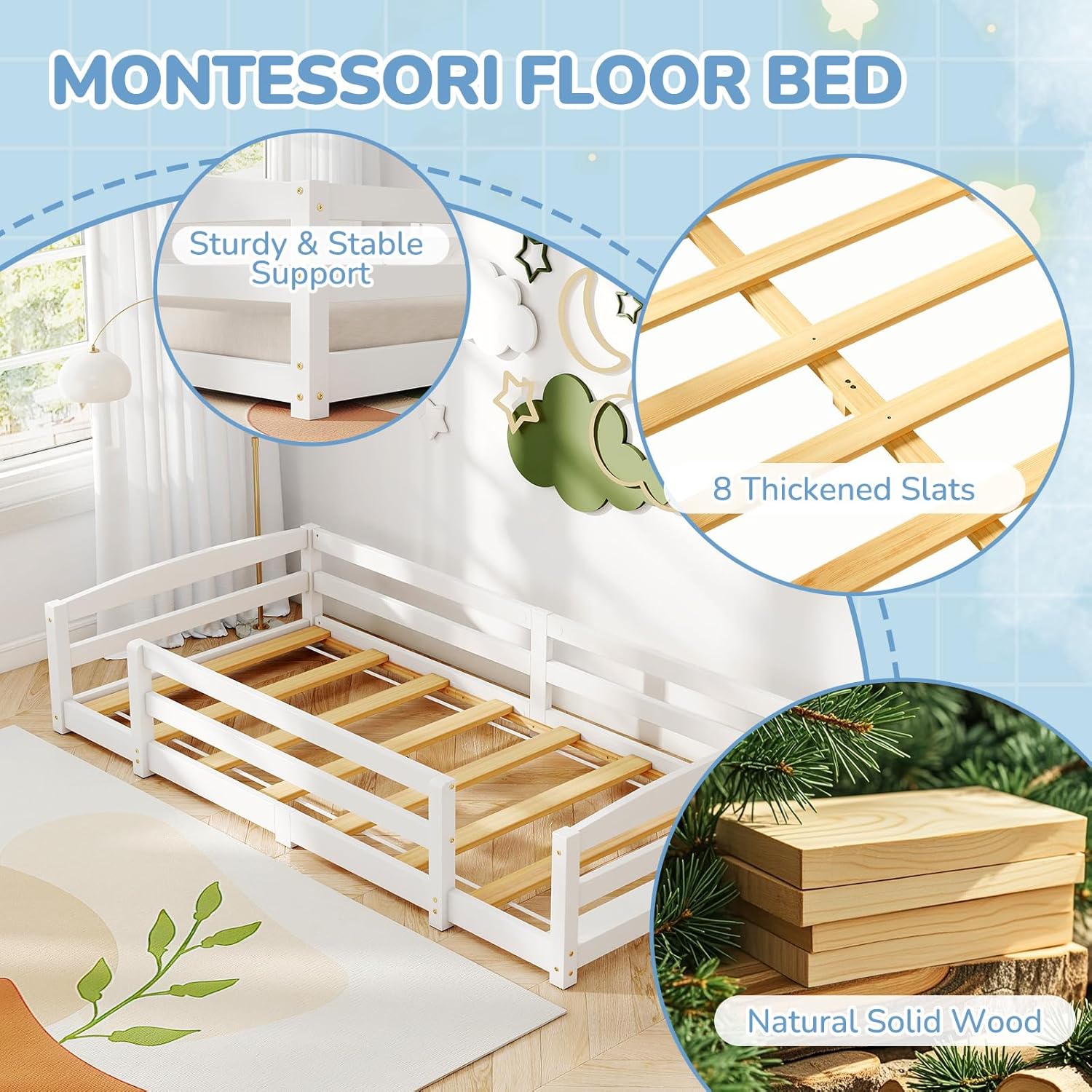 NAIZEA Twin Floor Bed for Kids,Wooden Montessori Floor Bed,Toddler Twin Beds Frame for Girls and Boys,White
