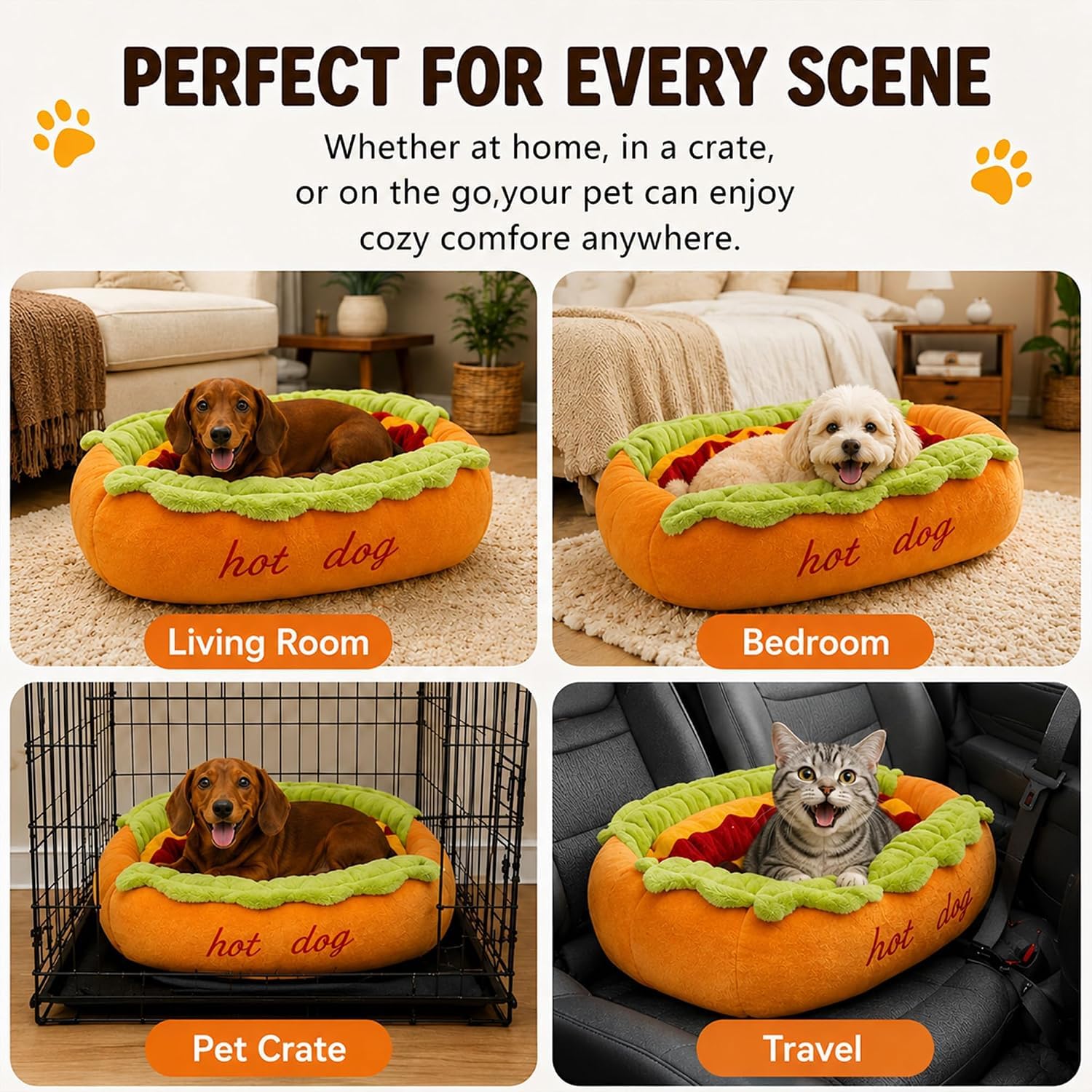 Hot Dog Cama para Perro Salchicha y Gato.50x35x16cm