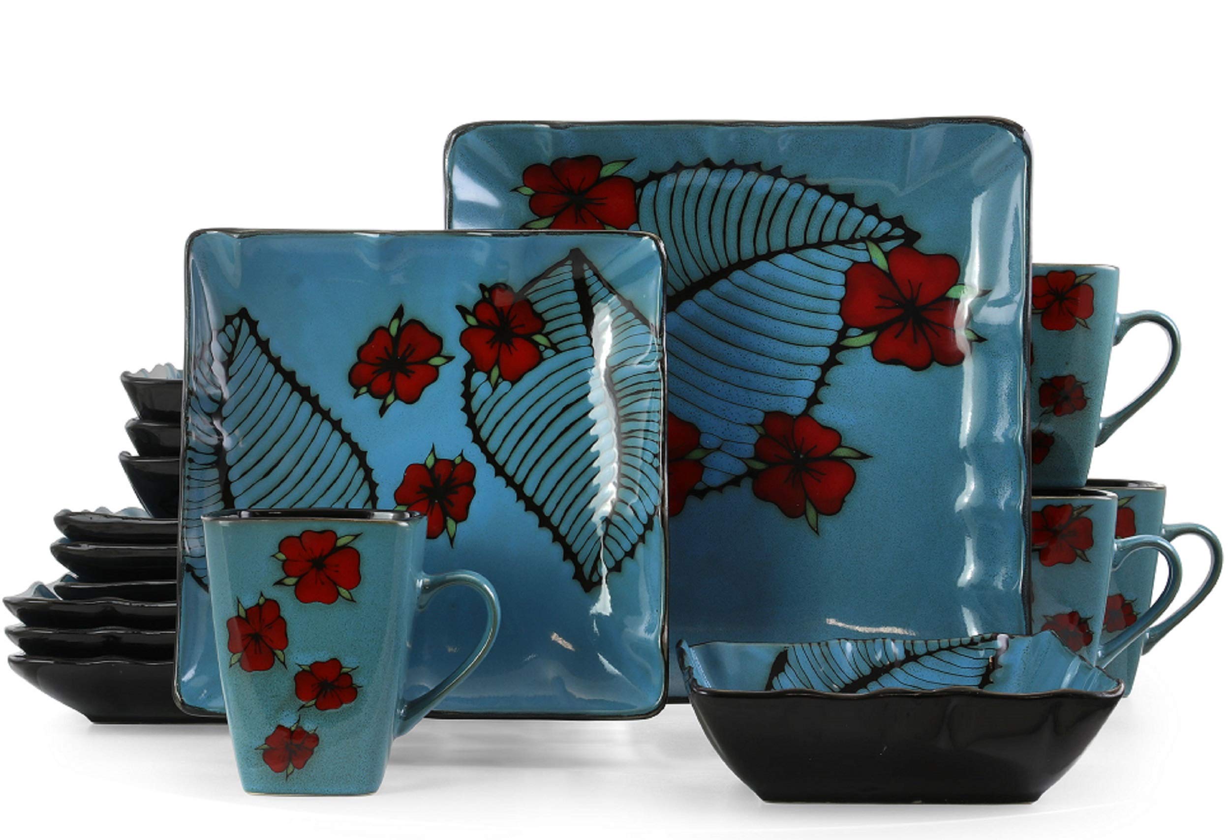 Amazon.com | Elama Aloha Tide 16 Piece Square Stoneware Dinnerware