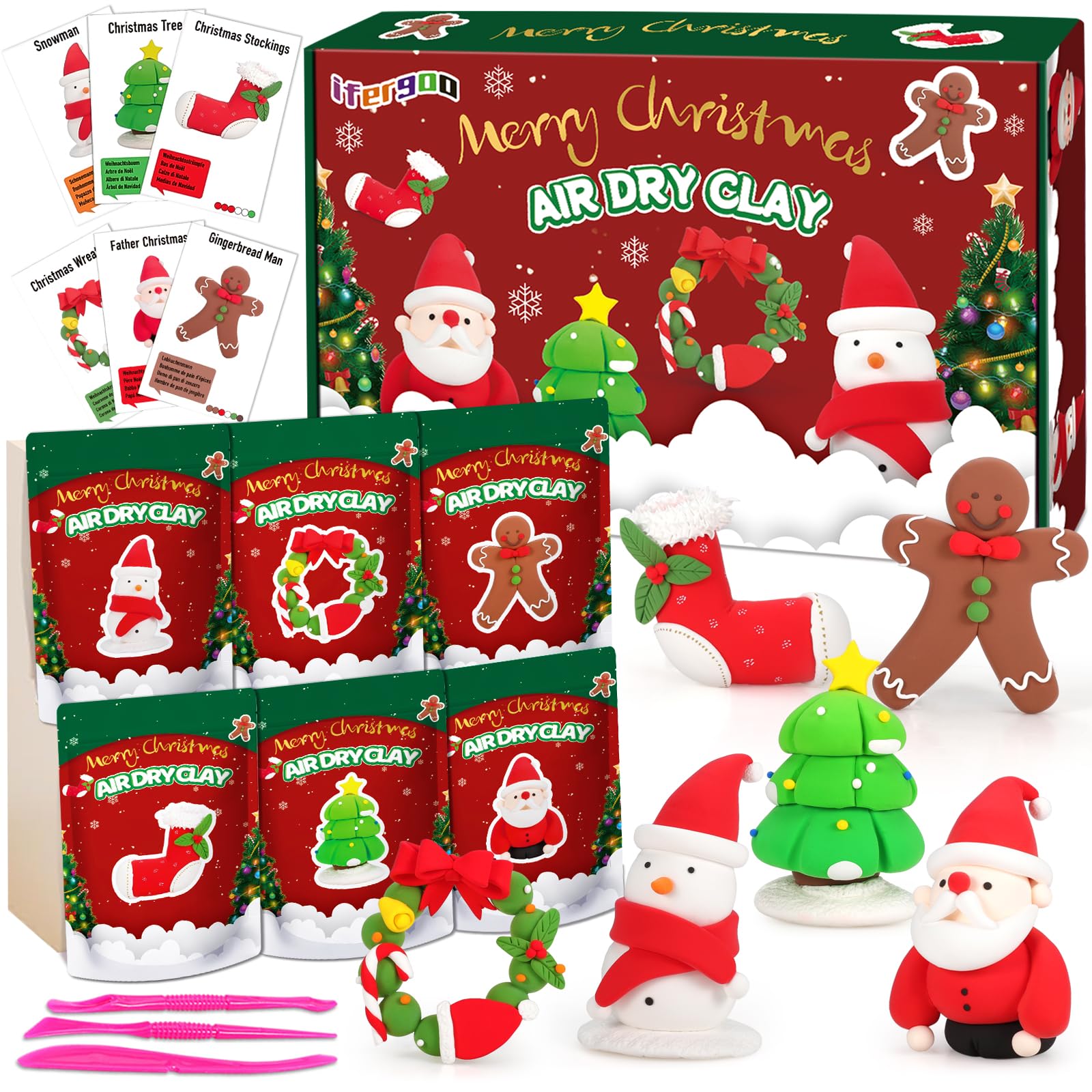 ifergoo Air Dry Clay for Kids - Christmas Modeling Clay Kit, 6 Christmas Molding Designs, Creative Sculpting Activity Kit with Tools &amp; Tutorials, DIY Art Craft Gifts for Girls and Boys