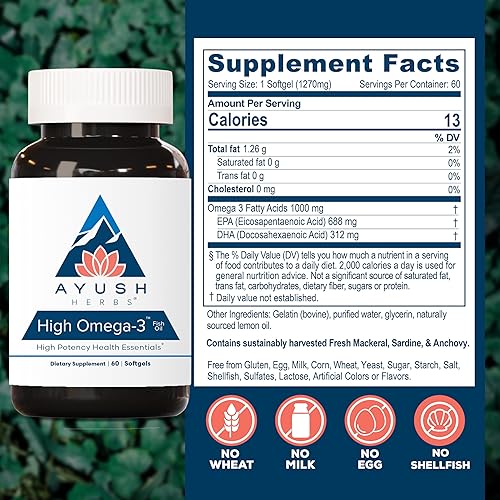 Miniatura 3 de Ayush Herbs Cápsulas blandas de aceite de pescado alto omega-3 suplemento natural de aceite de pescado de Alaska apoyo cardíaco y cerebral 60