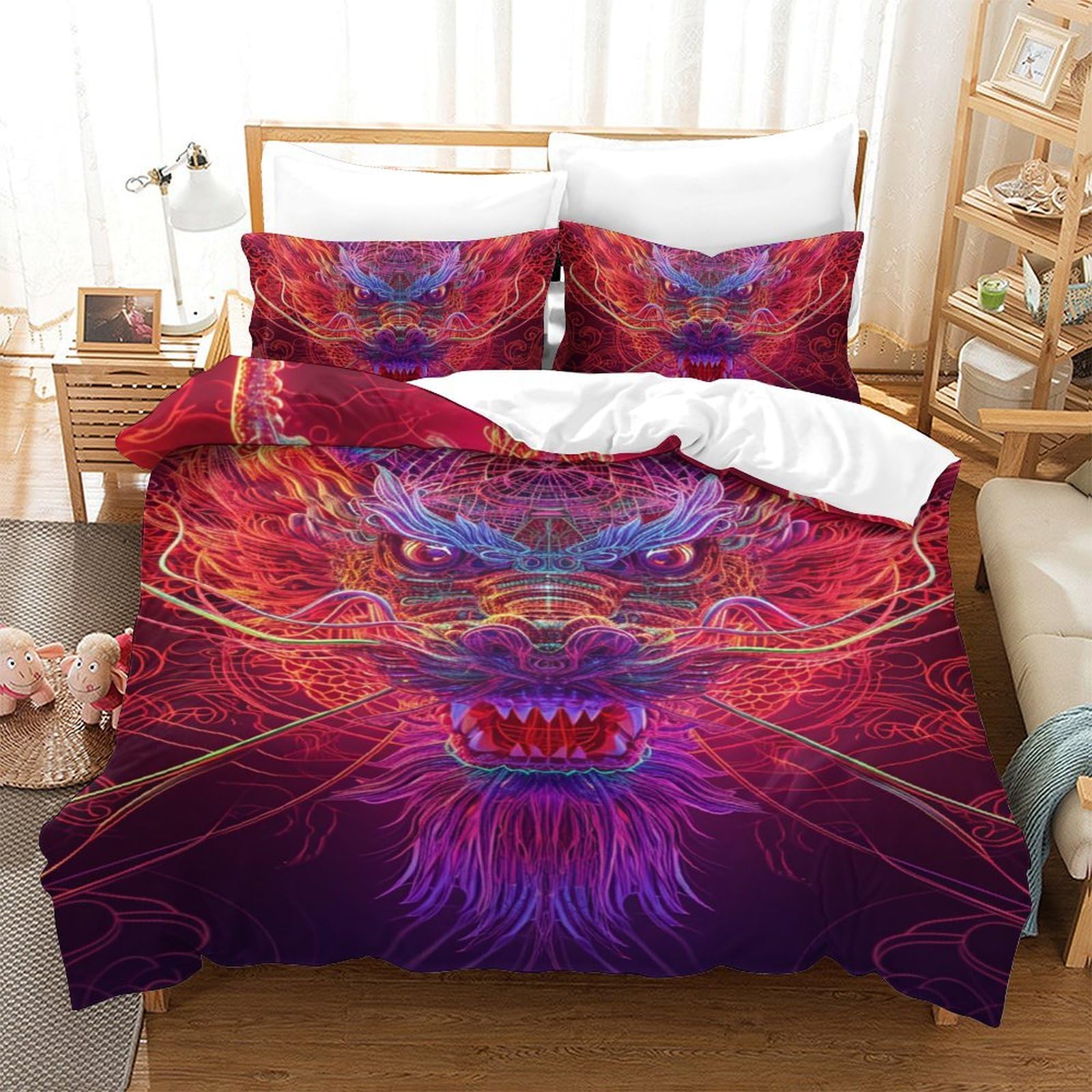 Housse de couette dragon 3D 140x200 cm avec taies en microfibre douce