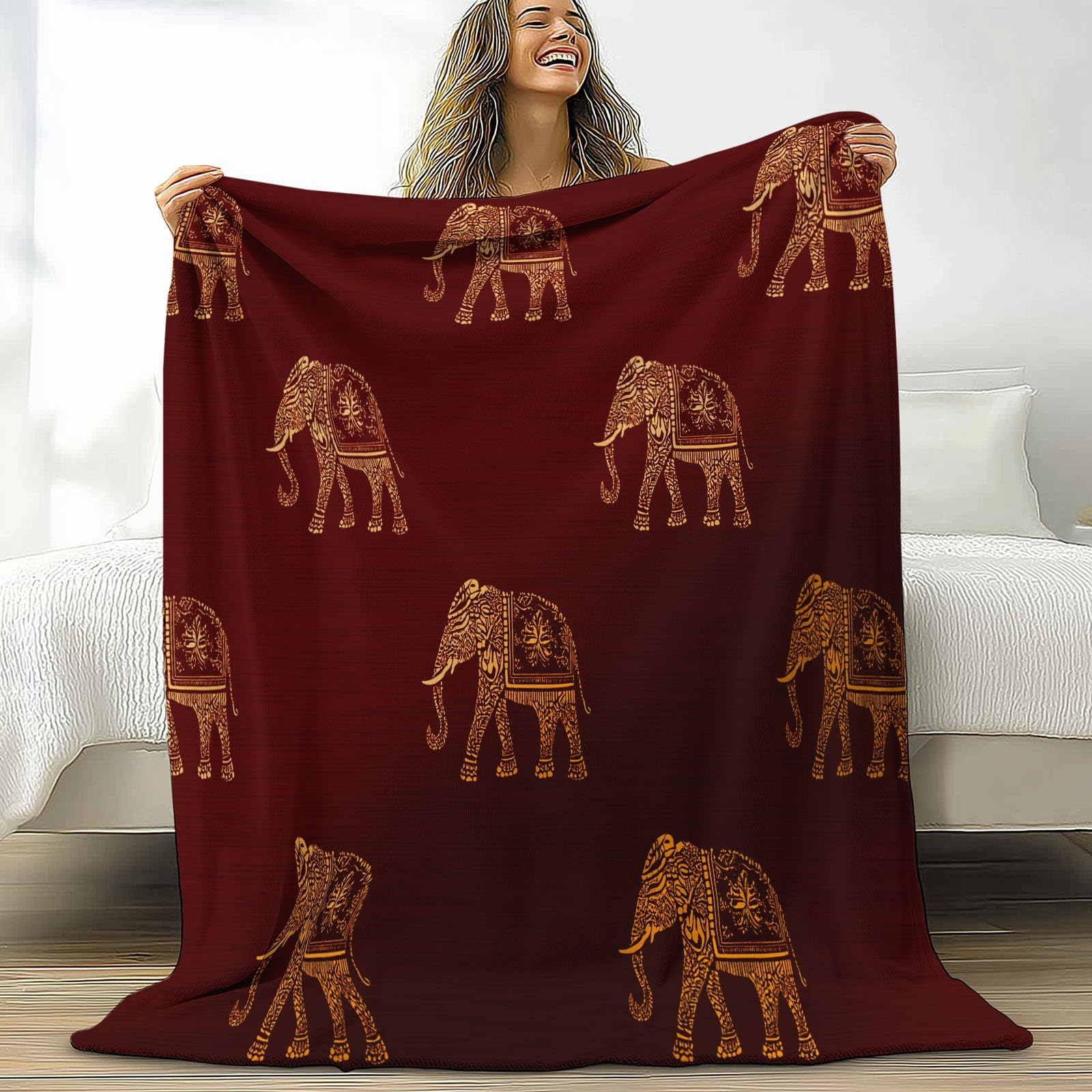 Miękki koc sherpa ze wzorem słonia, 180 x 200 cm, dla dzieci i dorosłych, retro tradycyjna pościel flanelowa z nadrukiem, hipoalergiczna, ciepła narzuta na łóżko, sofę, krzesło, łóżko, do salonu, 180