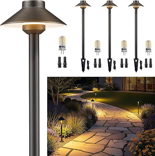 Miniatura 16 de Gardenreet Luces de camino de latón para exteriores, iluminación de camino de paisaje de bajo voltaje de 12 V, con cable, luz LED IP65 impermeable