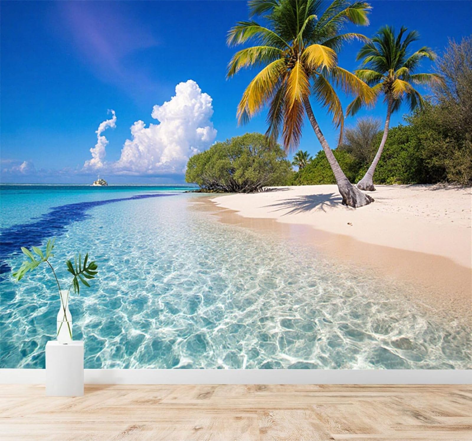 Tzxztt Palm Trees Tropical Beach Crystal Clear Blue Sea White Sand Modern 3D Wallpaper Premium Textured Silk Neutral Tones Material Ideal for Living Room Bedroom-430cm×300cm