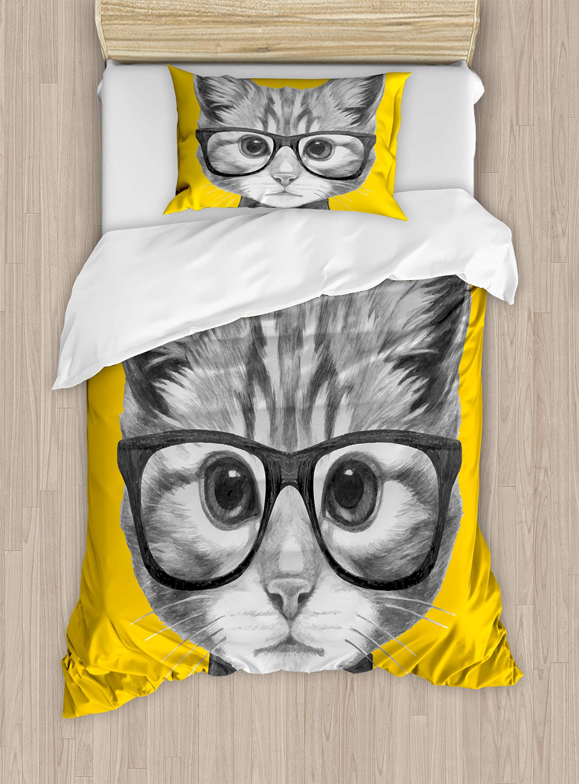 Ambesonne Animal Duvet Cover Set, Sketchy Hand Drawn Design Hipster Cat Kitten Glasses Image Print, Decorative 3 Piece Bedding Set with 2 Pillow Shams, Twin Size, Mustard Grey