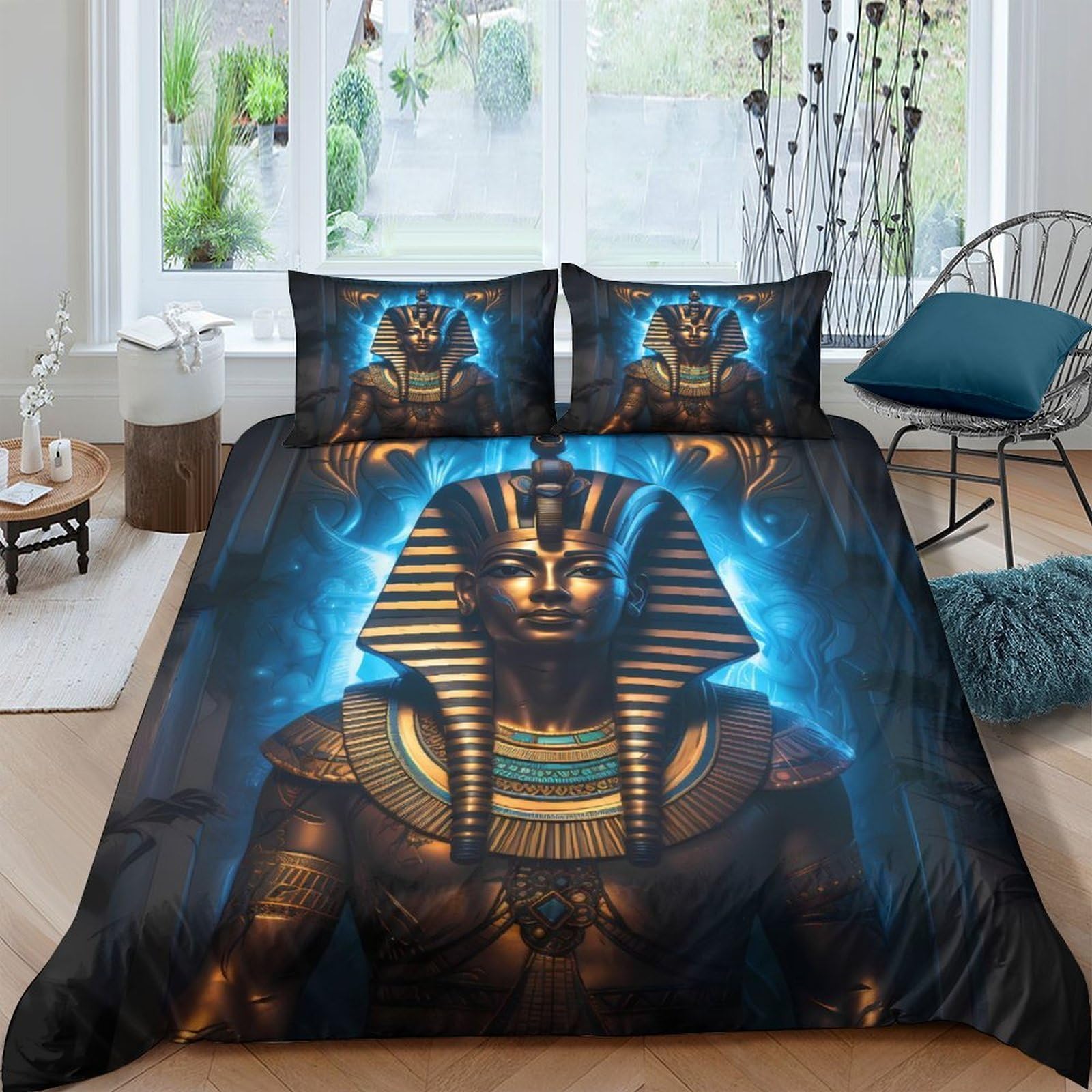 3D Soft Microfiber Ancient Egyptian King Comforter Cover All Season Bedding Sets with Matching Pillowcase Mythical Pharaoh Quilt Cover Easy Care Machine Washable for Boys Girls Kids Double（200x200cm）