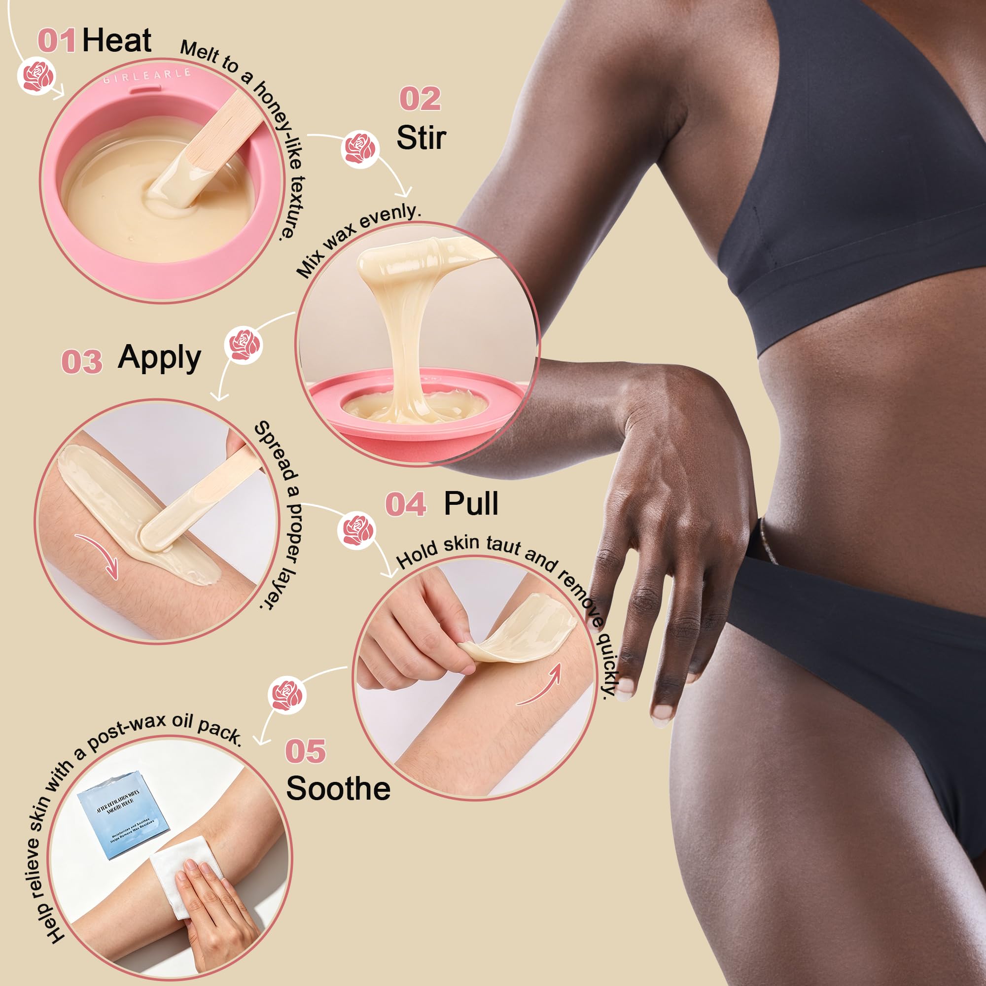 GIRLEARLE Kit de depilación digital premium para mujeres y hombres, calentador de cera en casa con cuentas de cera y olla de silicona, se dirige a diferentes tipos de piel sensible, bikini brasileño
