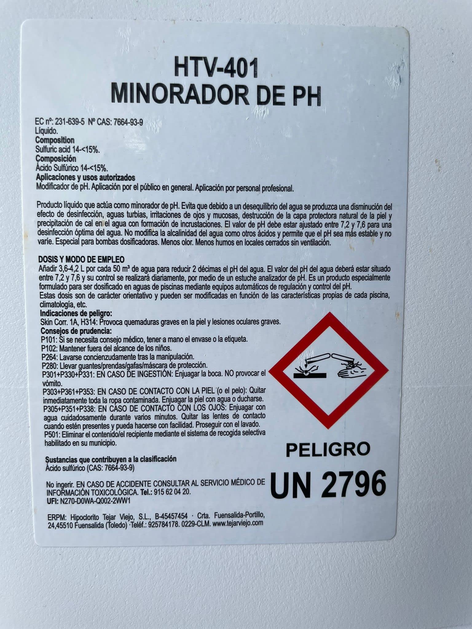 Mugar- 20 litros de Reductor de pH para Piscinas- Minorador de pH en Garrafas de 20 litros- Ácido Sulfúrico al 15% para Cloradores Salinos