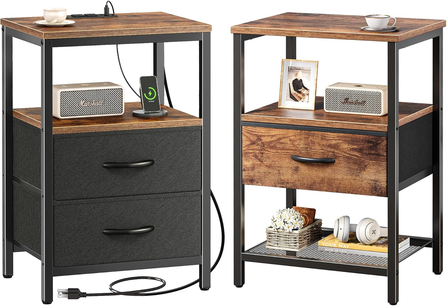Huuger Nightstand with Charging Station Night Stand with Fabric Drawer