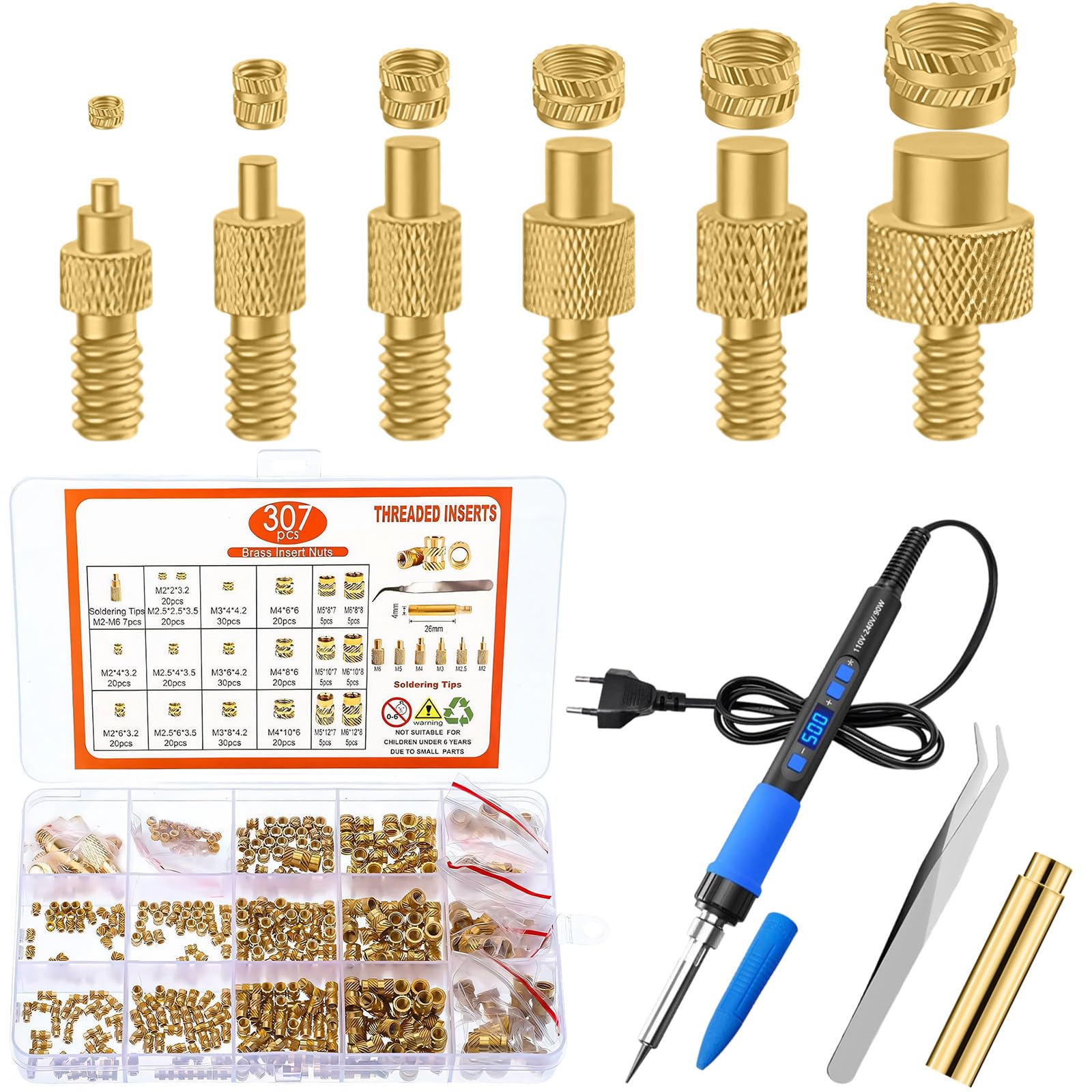 Juego Soldador Estaño Pantalla LED, Kit Soldadura Estaño Puntas Soldadores 90W Temperatura Ajustable, Insertos Roscados 300 Piezas Tuercas Fusión M2 M2,5 M3 M4 M5 M6, para Uso Diversamente Reparado