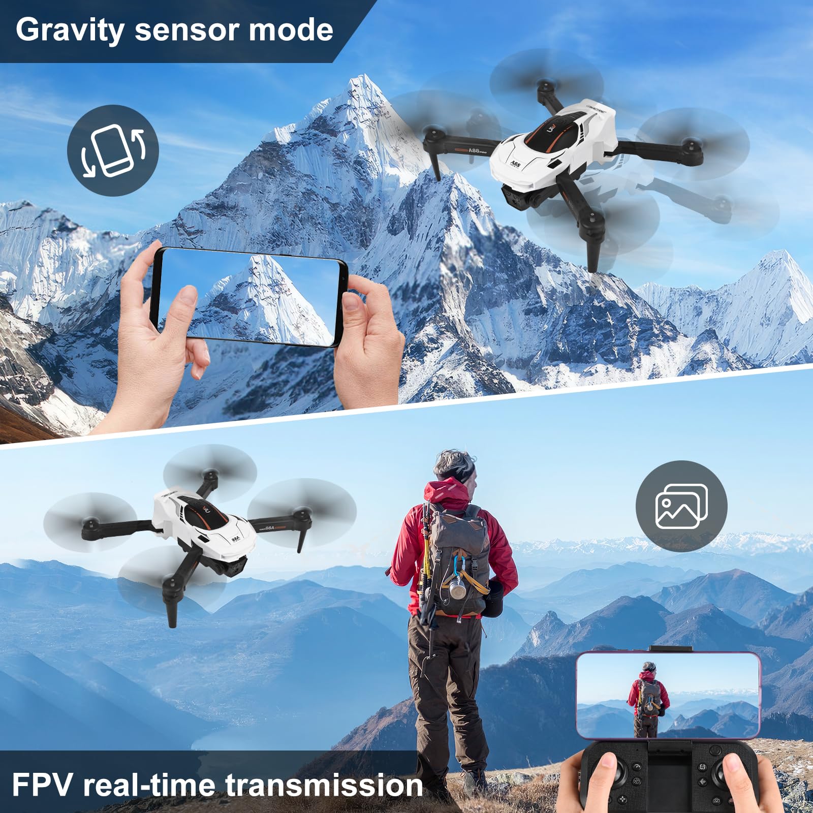 Dron z kamerą 1080p HD dla dzieci, dron RC z 2 akumulatorami, składany quadcopter z transmisją FPV WiFi czujnik grawitacyjny, tryb 3D Flip Mode start/lądowanie jednym przyciskiem (Biały)