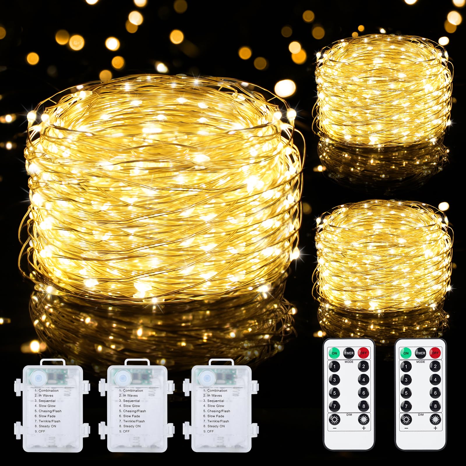 Mlambert 3 Pack 33FT Fairy Lights Battery Operated with Remote and Timer, Waterproof Dimmable 8 Modes 100 LEDs Twinkle Lights for Indoor Outdoor Decor