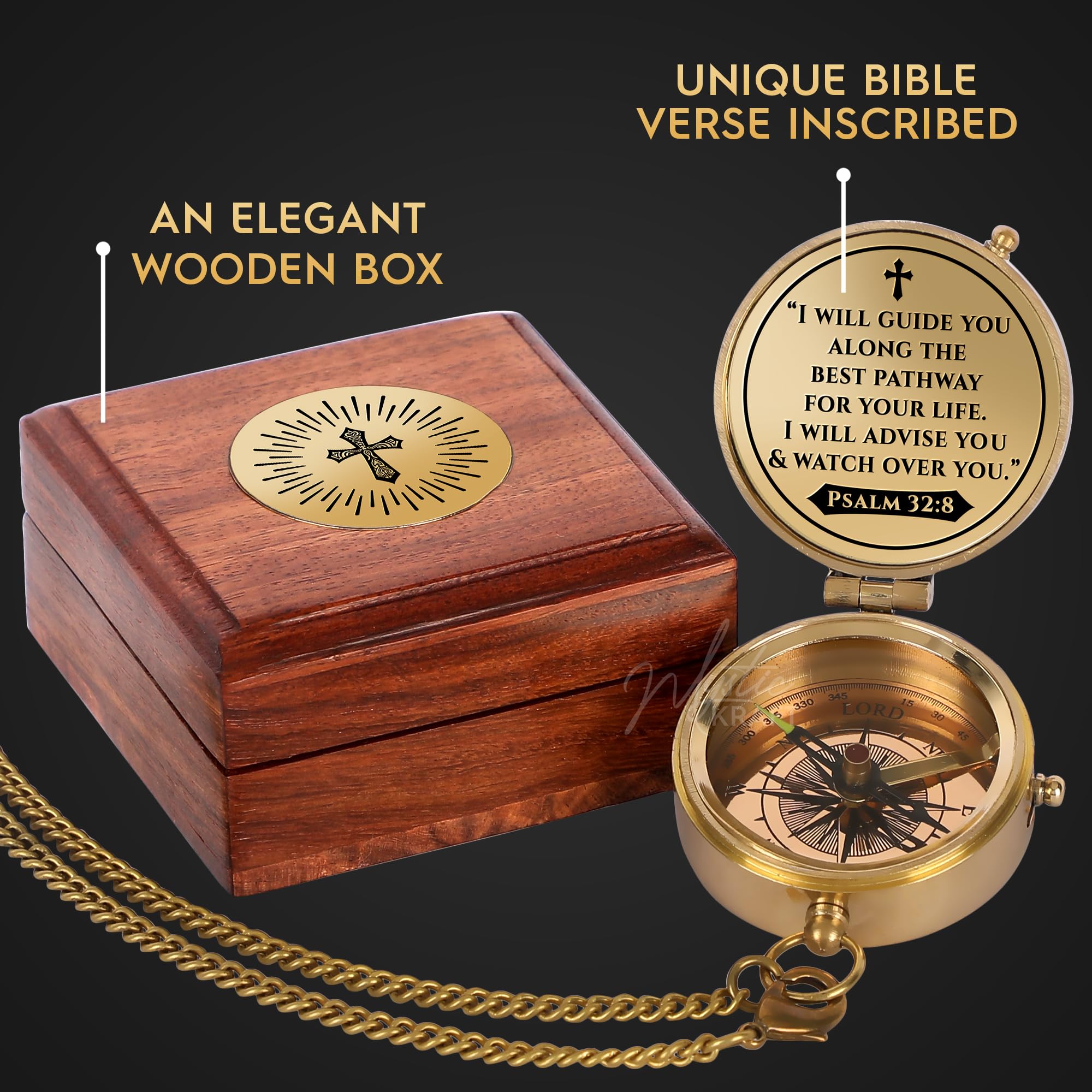 Brújula de bolsillo de latón grabada, Salmo 32:8, regalos de primera comunión, regalos de bautizo para niños y niñas, regalos de confirmación para hombres, regalos de Pascua cristianos