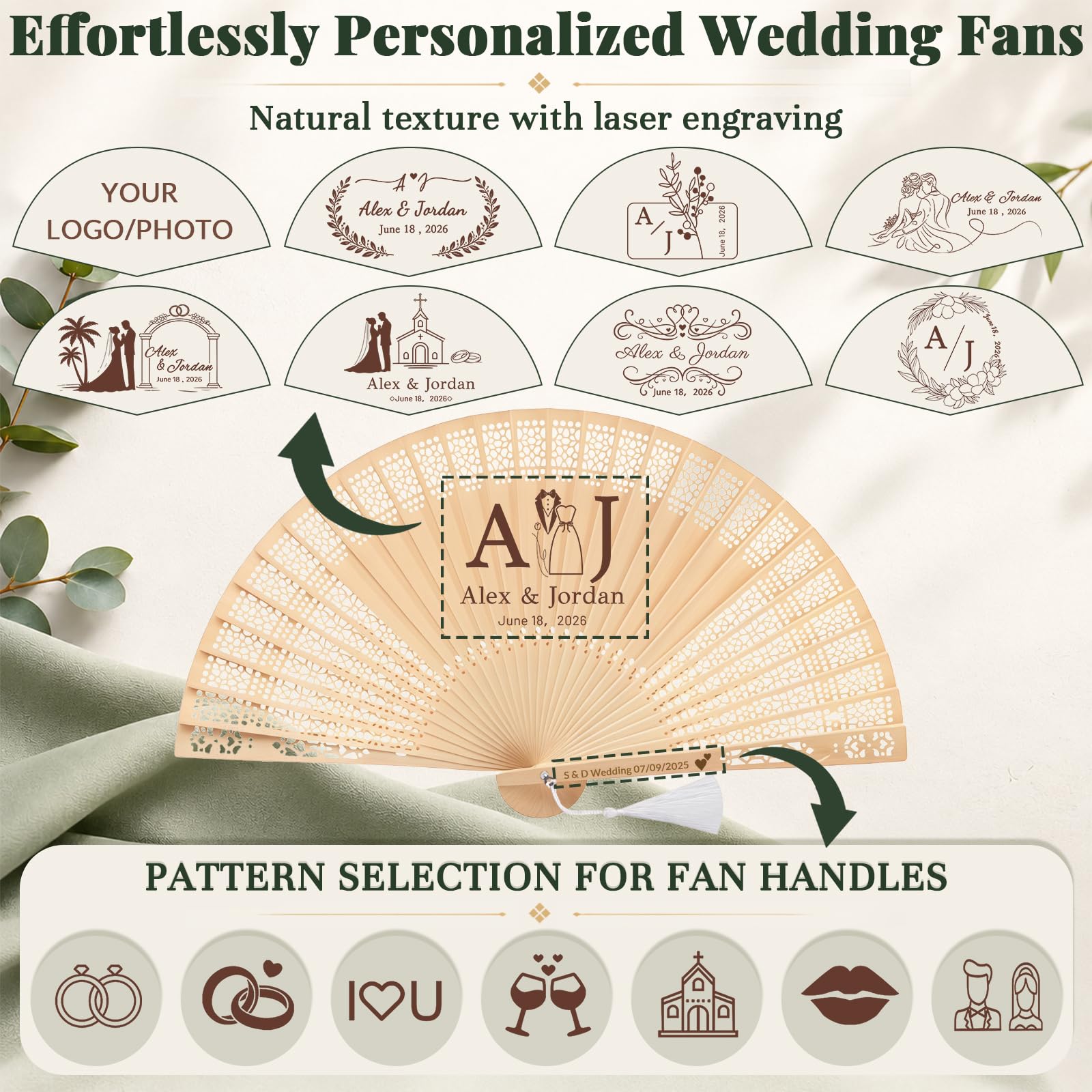 Personalisierte Holzfächer für Hochzeitsgäste – 100 Stück mit Namensgravur (100) | Gravur mit Namen/Datum/Logo | Holzklappfächer | Inkl. Organza-Beutel | Gastgeschenk Hochzeit
