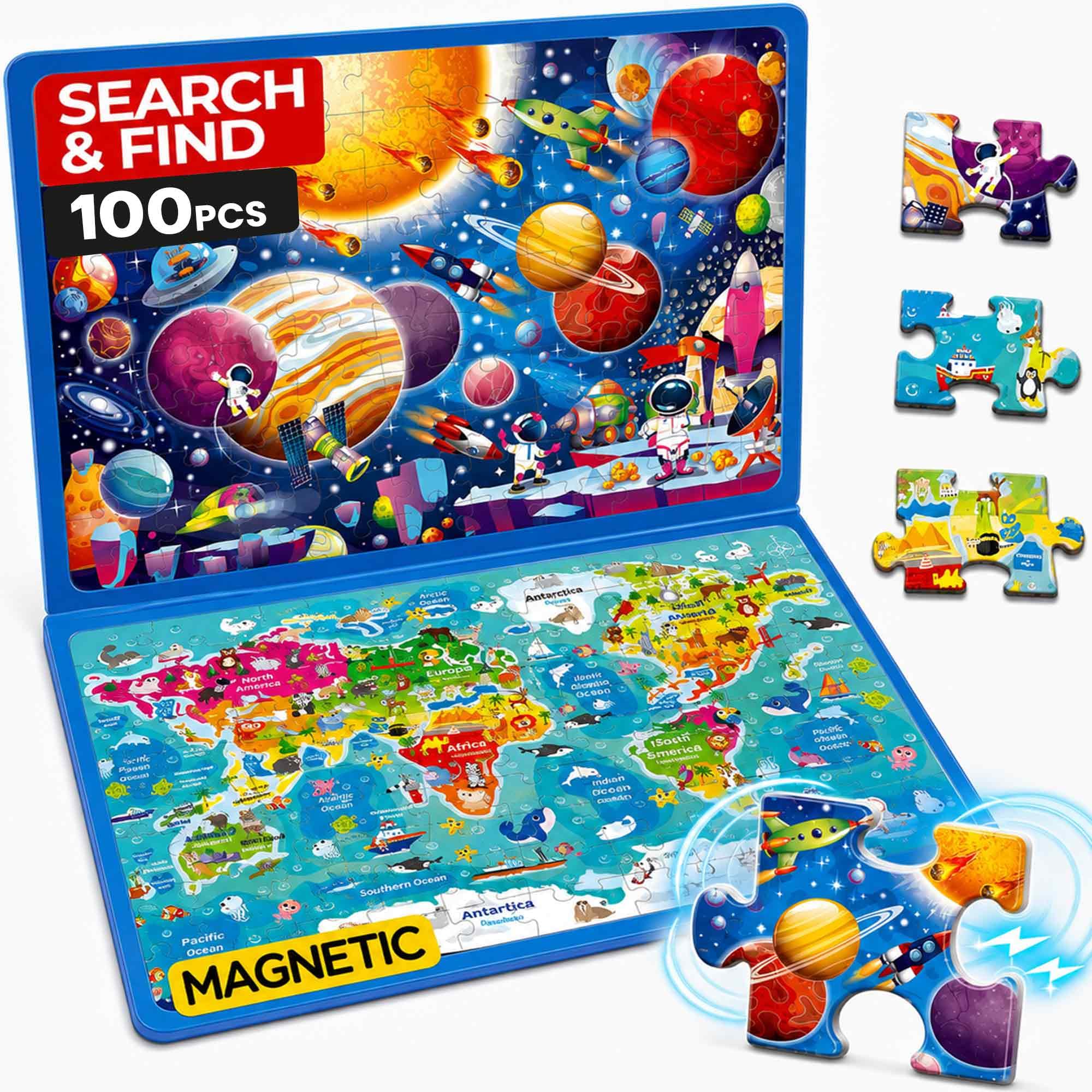 QUOKKA Magnetic 2x100 Piece Jigsaw Puzzles For Children - Kids Puzzles For 6 7 Year Olds with Spot The Difference Maps - Search and Find Home and Travel Magnetic Activity Book - Space & World