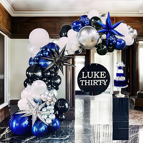 Miniatura 8 de Kozee Kit de guirnalda de globos azul marino y negro, 132 piezas azul oscuro con arco de globos en explosión de estrellas blancas plateadas para