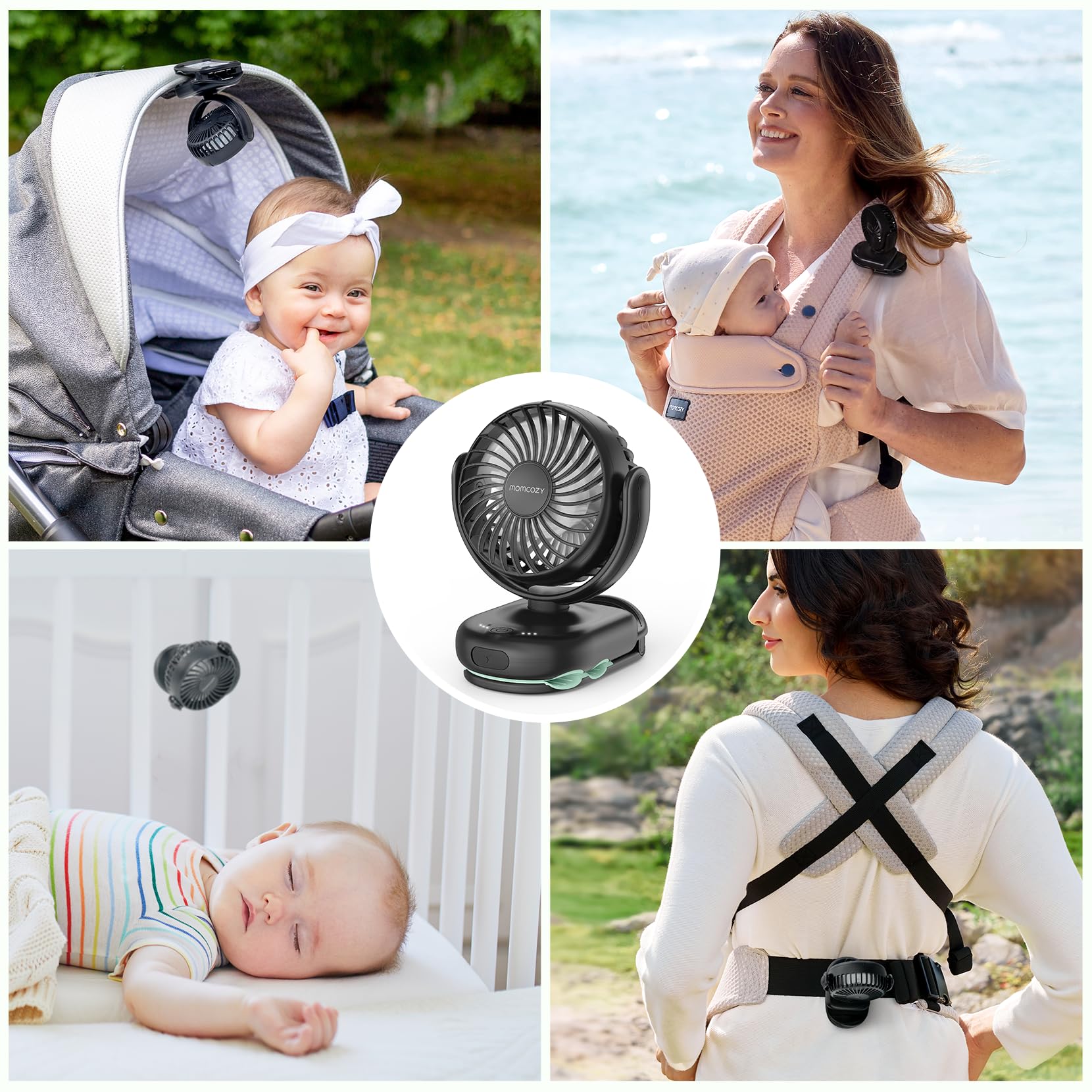 momcozy Przenośny wentylator do wózka dziecięcego z klipsem, 4 prędkości, do nosidełka, ultralekki 118 g, szczeliny ≤4,5 mm, ładowalny i obrotowy, do wózka podróżnego i biura