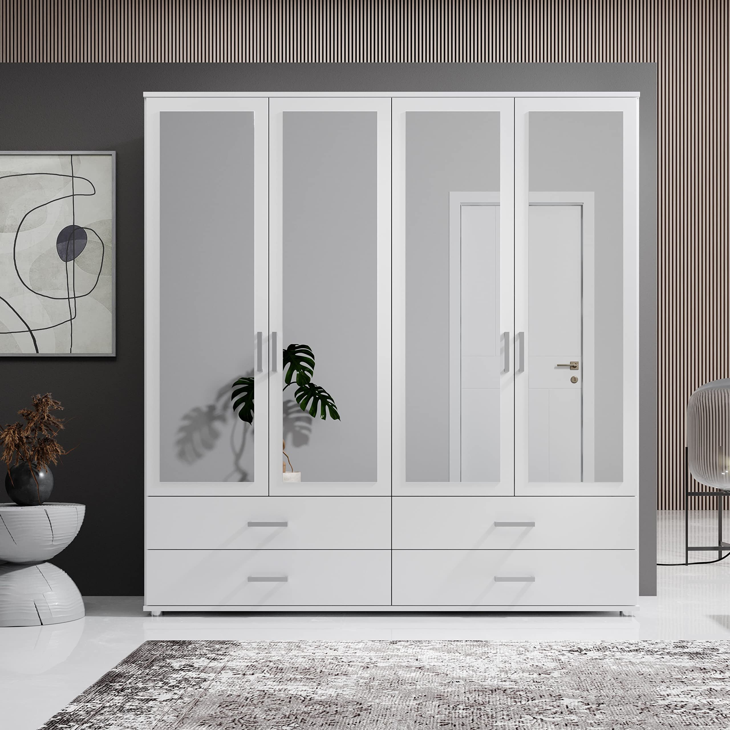 IVAR Kleiderschrank Schrank mit Spiegeln Schubladen Weiß Drehtürenschrank
