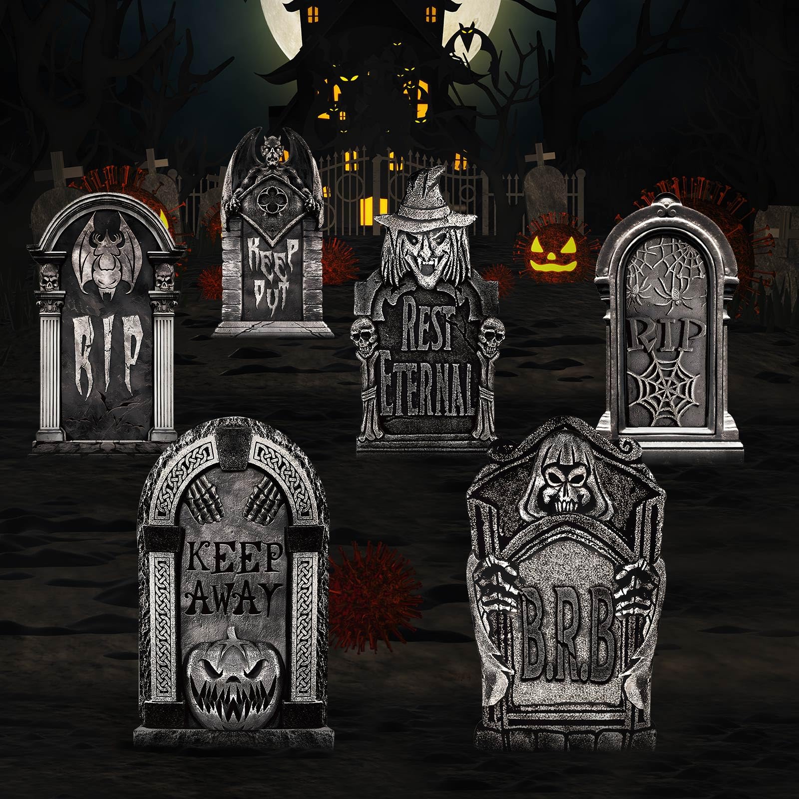 22 Inch Halloween Tombstones Yard Sign with Metal Stakes, 6Pcs Large Outdoor Graveyard Tomb Stones Decorations, Scary RIP Fake Gravestones Decor for Cemetery Lawn