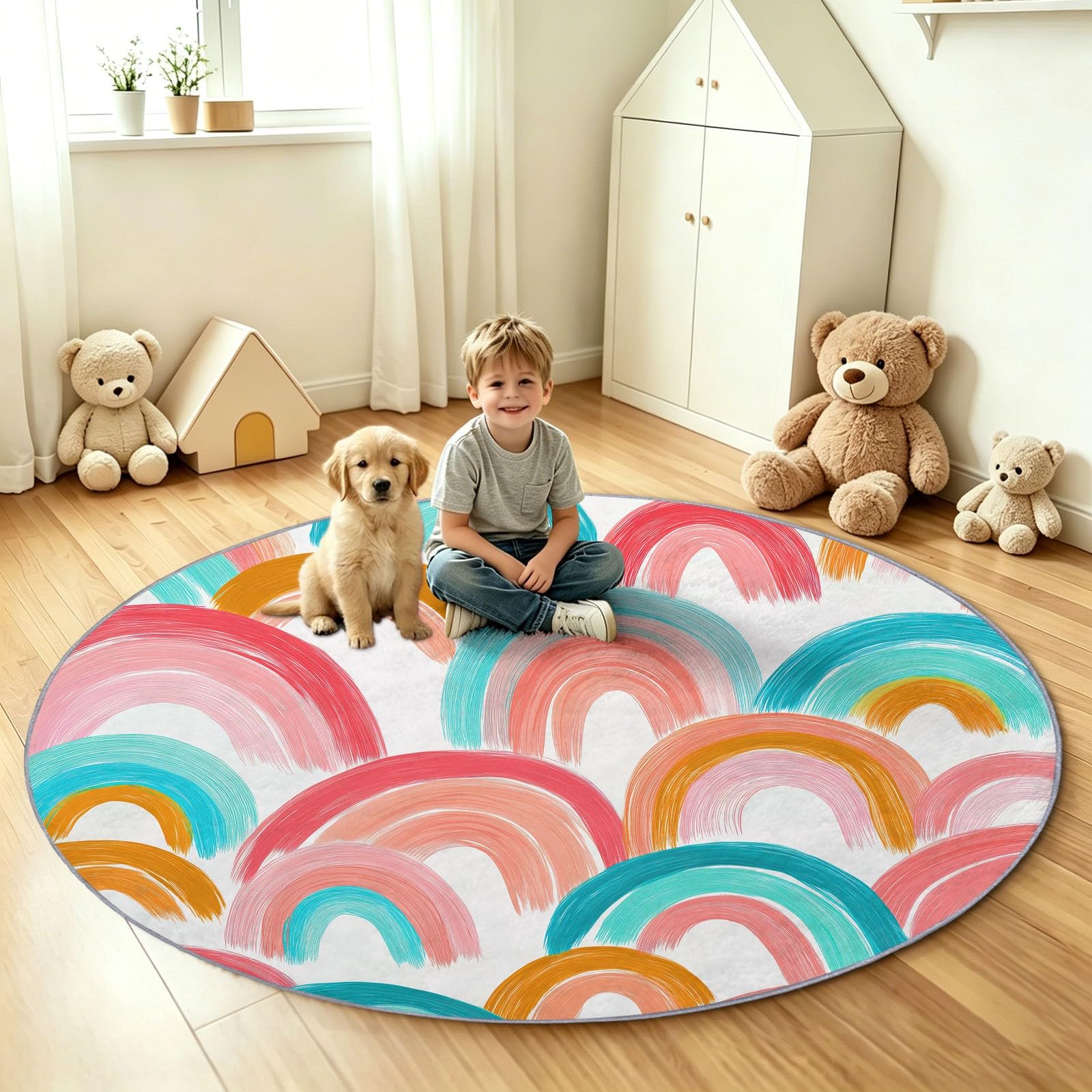 Tappeto boho, lavabile, motivo geometrico, con linee arcobaleni, rotondo, 180 cm, bianco, a pelo corto, antiscivolo, per camera da letto e camera da letto