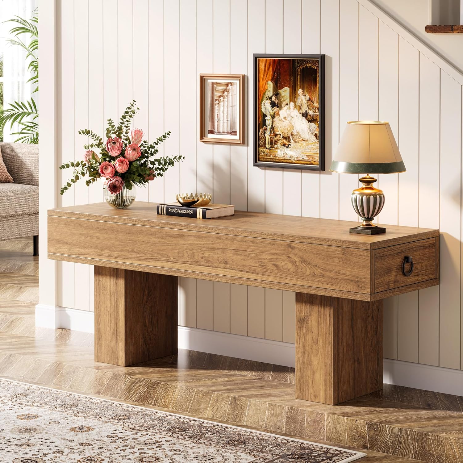 Tribesigns Wooden Entryway Bench, Farmhouse Shoe Storage Bench with 2 Drawers, 43" End of Bed Stool for Bedroom, Living Room, Dining Room, Walnut