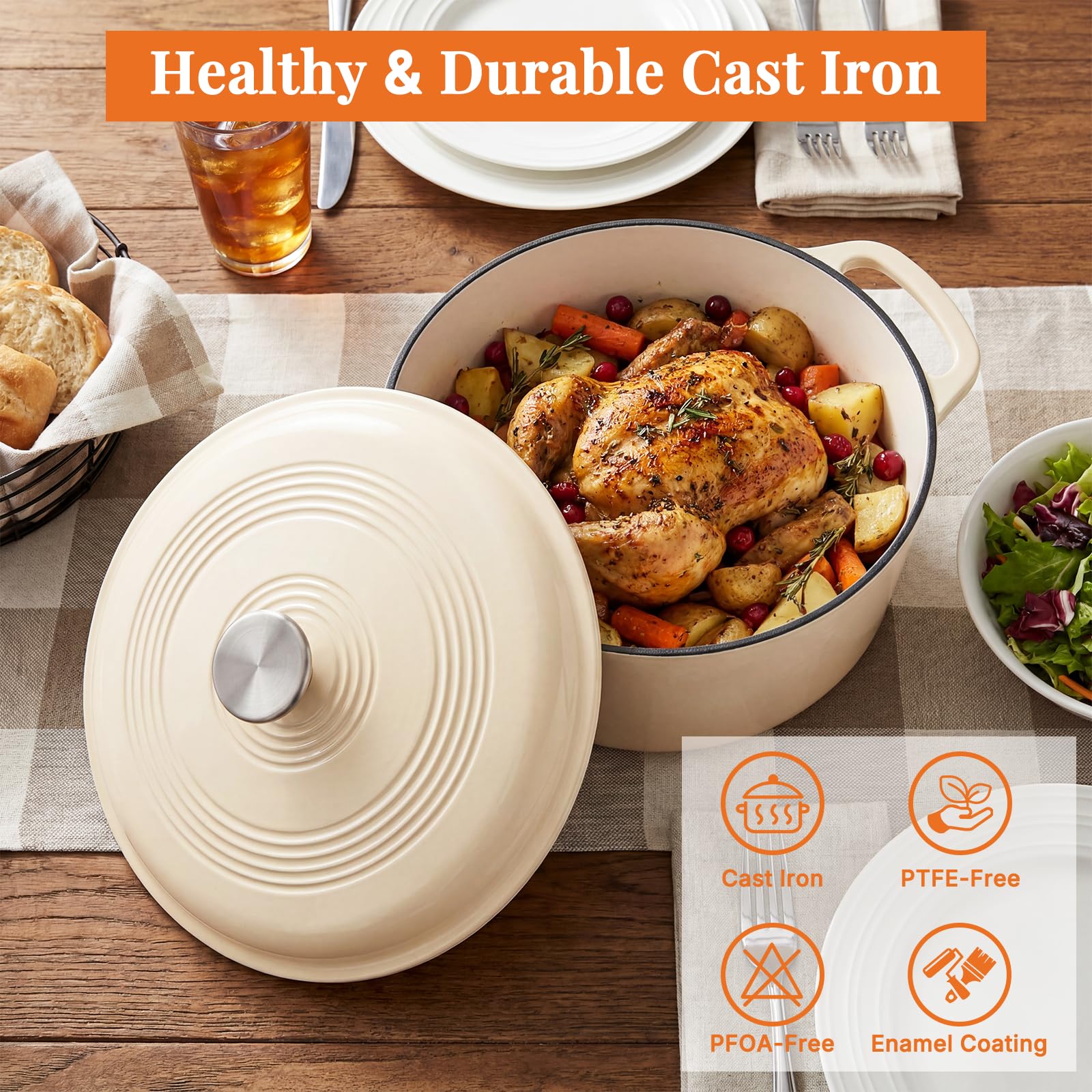 NEWBULIG 6 Quart Cast Iron Dutch Oven - Beige -2 NEWBULIG 6 Quart Cast Iron Dutch Oven - Beige -2