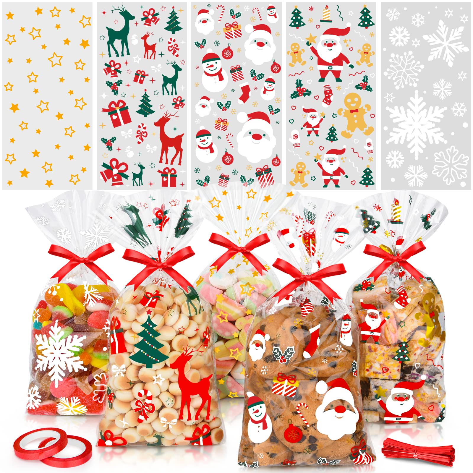 Elidepe Plätzchentüten, 100 Stück Kekstüten Weihnachten, Cellophantüten Tüten zum Befüllen, Weihnachtstüten zum Befüllen, Kleine Weihnachtstüte mit Schleife für Kekse, Schokolade, Süßigkeiten Bürobedarf & Schreibwaren