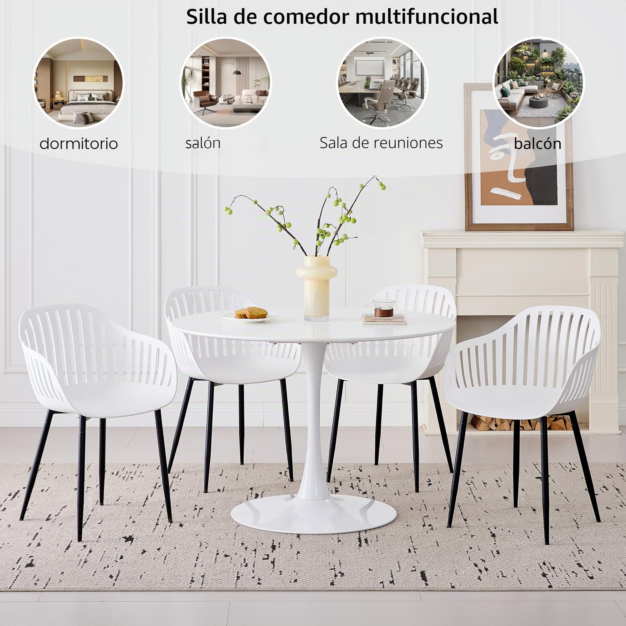 GrandCA HOME Juego de 4 Sillas de Comedor Modernas, Sillas de Cocina con Respaldos Huecos Verticales, Reposabrazos y Patas de Metal Negro, Adecuadas para Salas de Estar, Balcones, Oficinas - Blanco
