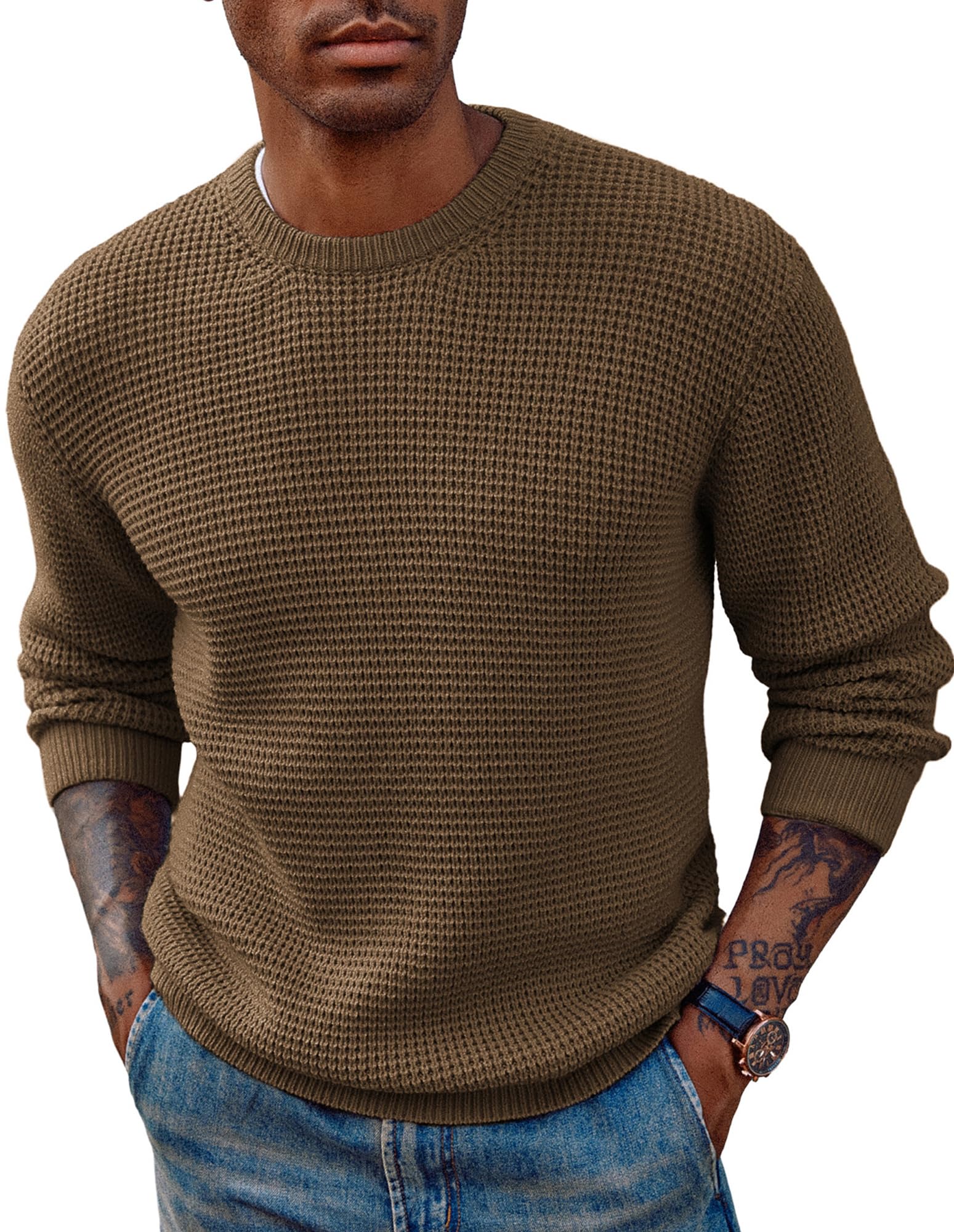 PJ PAUL JONES Mens Pullover Sweater Waffle Textured Long Sleeve Knitted Sweaters
