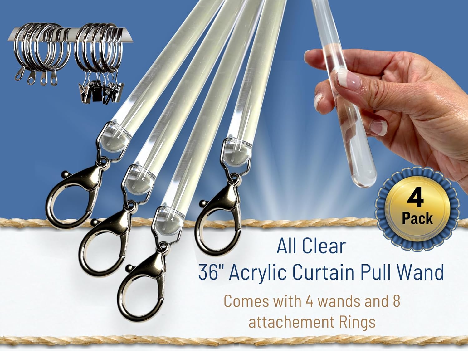 36 inch (4 Pack) All Clear Acrylic Curtain Pull Wand - Clear Drapery Pull Rod for Opening-Closing Curtains. Versatile Curtain Wand - Invisible Drapery Wand - (36 Inch)