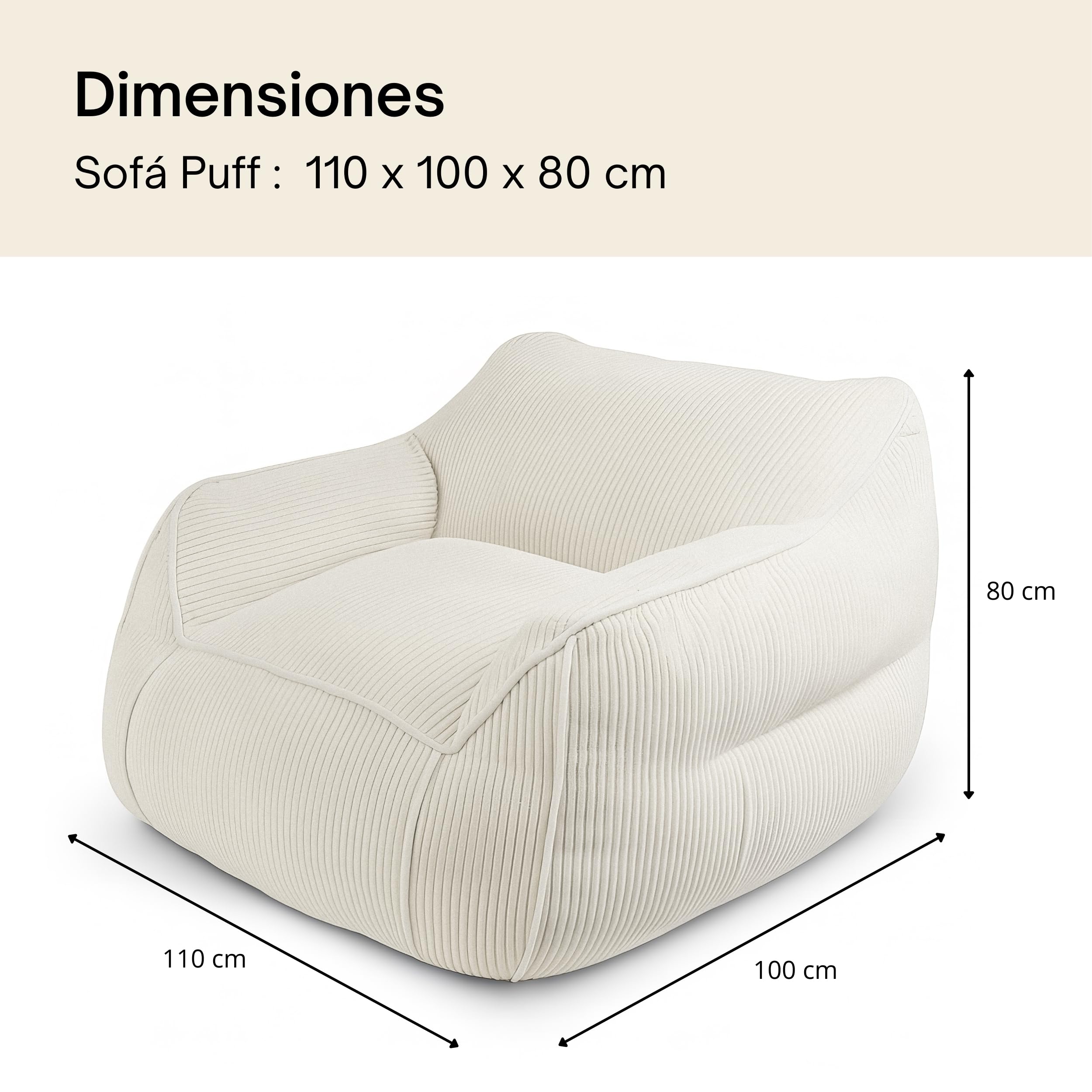bananair - Puff Gigante de Salón y Habitación en Tela de Pana - Elegante y Cómodo - Puff Pera con Relleno Incluido Ideal para Crear un Ambiente Acogedor (Blanco Roto)