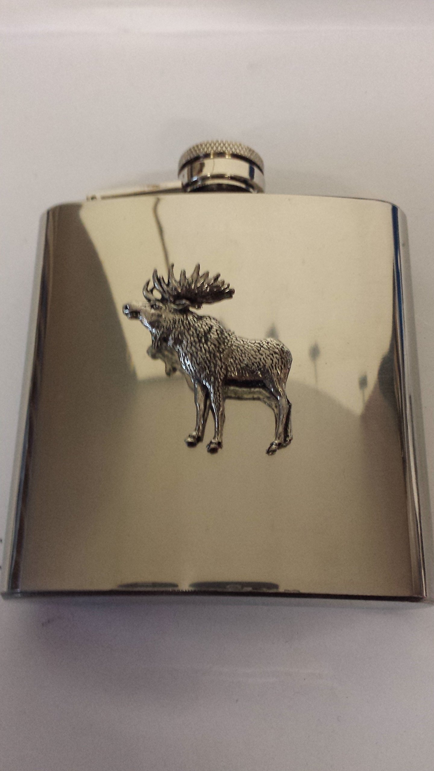 A47 Standing Moose fine english pewter 6oz Stainless Steel Hip Flask With Pewter Emblem Captive Top