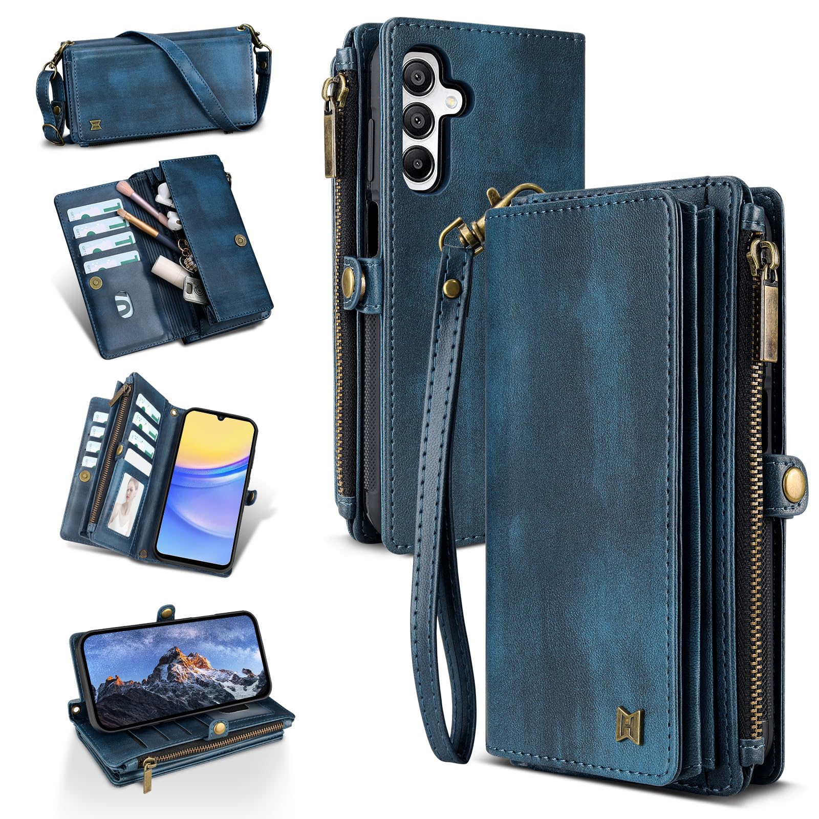 QIXIU Compatible with Samsung Galaxy A15 Wallet Case,RFID Blocking PU Leather Phone Case Women Men Kickstand flip Cover Wrist Strap Zipper Credit Card
