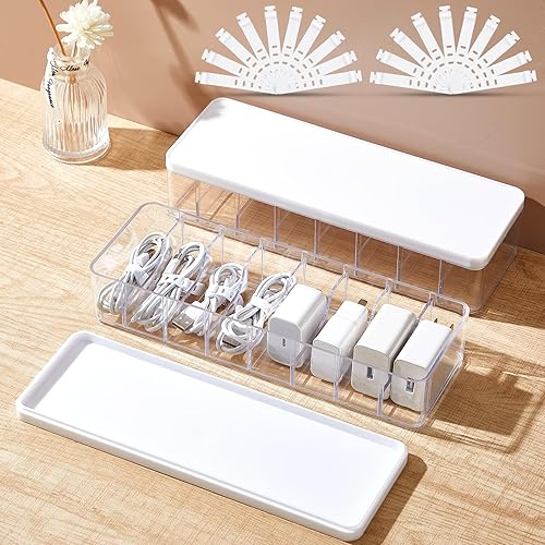 Tatuo Caja organizadora de cables de 2 piezas con lazos para alambres, caja de almacenamiento de cables de plástico con tapa, organizador de