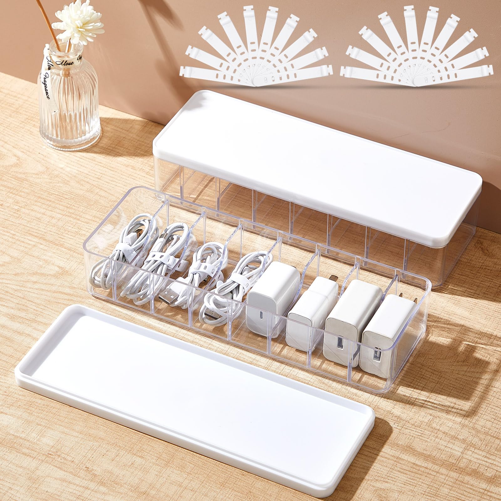Tatuo Cord Organizer Box with Lid, Clear, White, 2 Pack